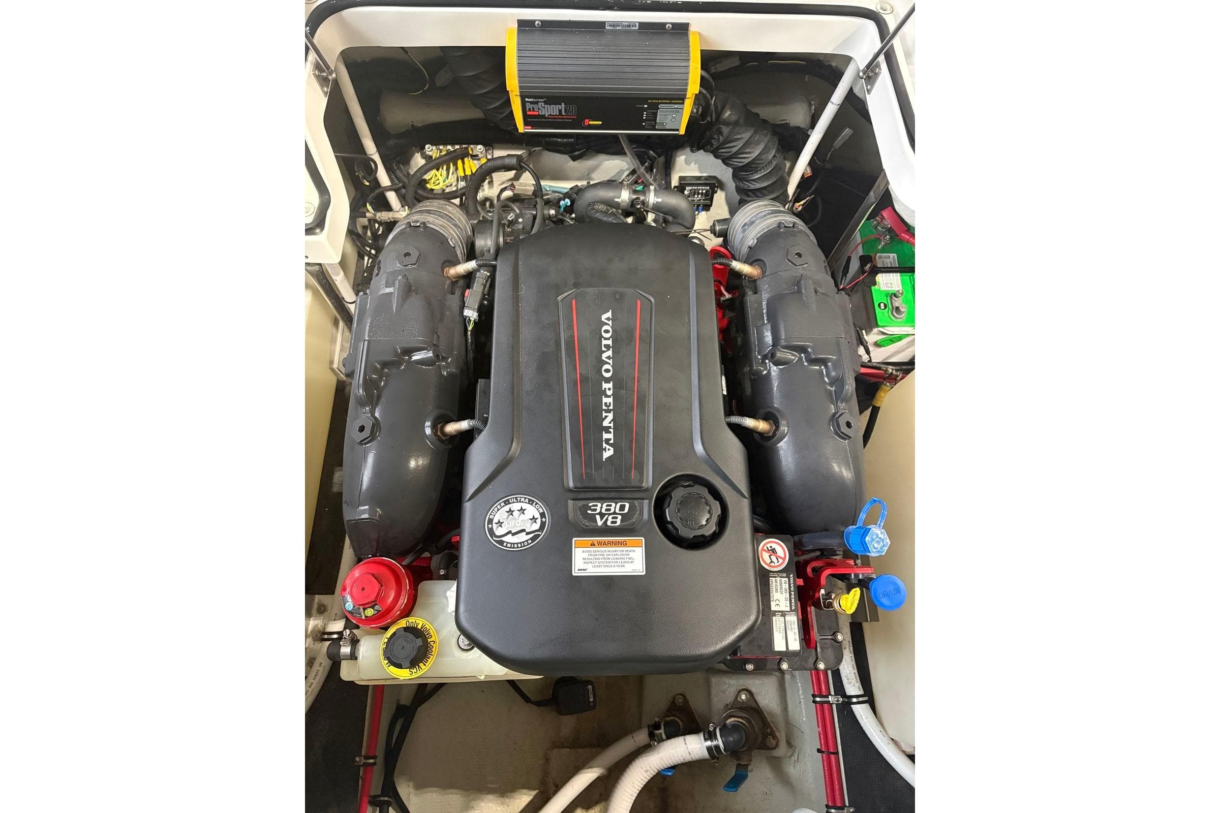 Engine compartment of a 2018 Cobalt R5 Surf with Volvo Penta 380 V8 engine.