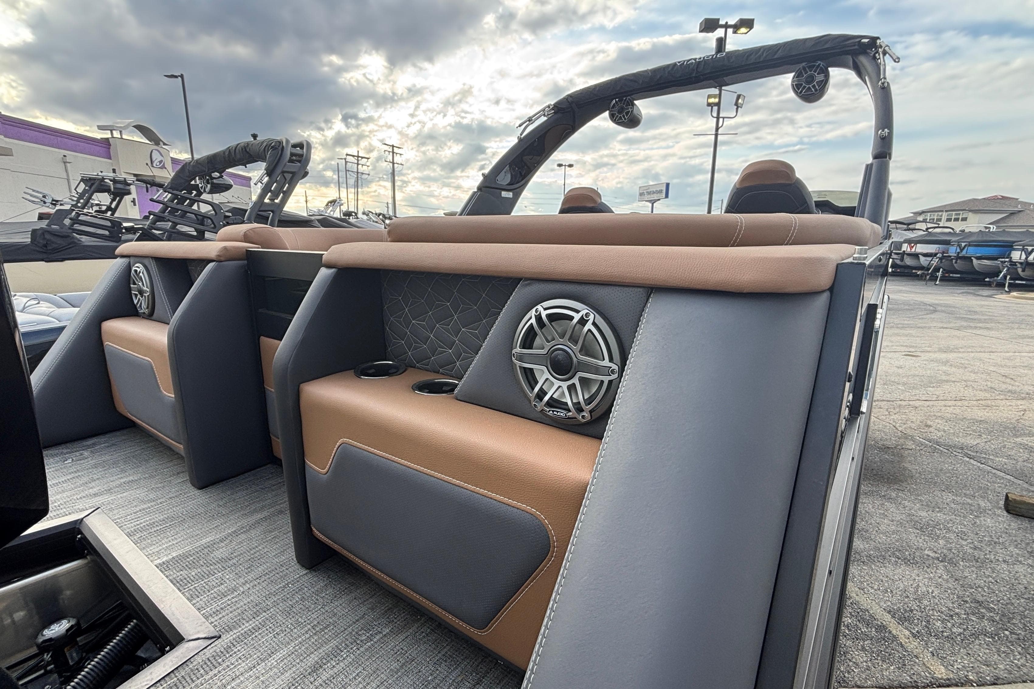 2026 Viaggio Diamante U 26 boat interior with stylish seating and integrated speakers.