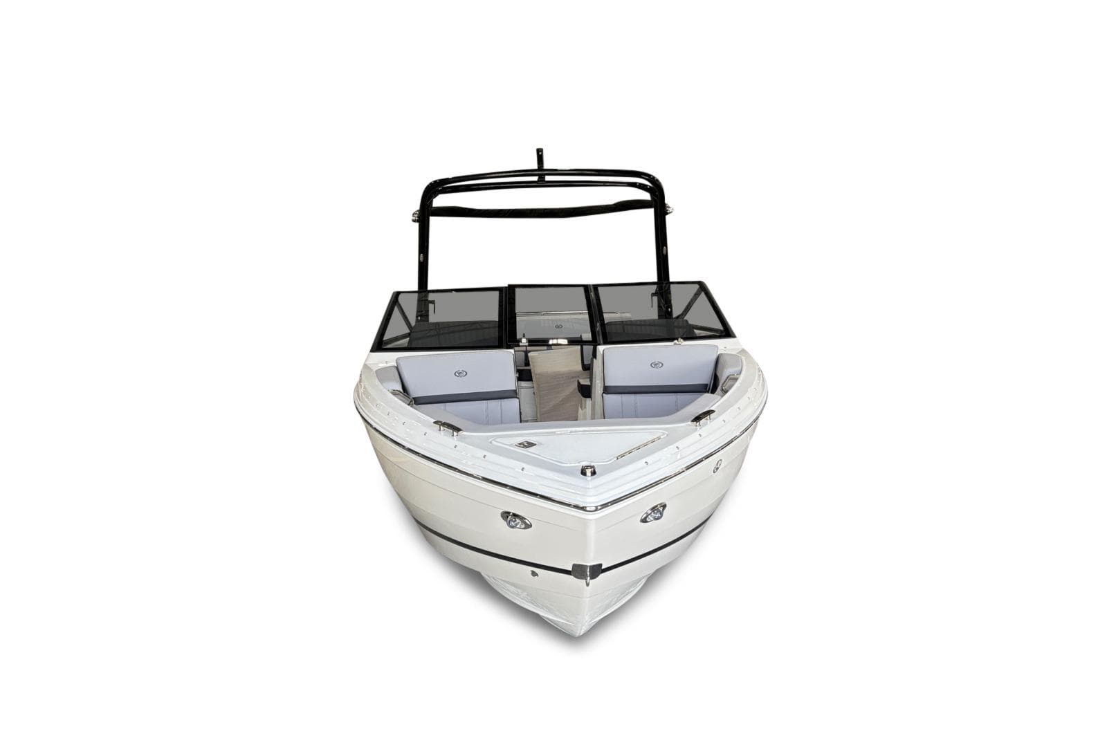 2026 Cobalt R4 boat, front view, sleek design with black windshield and white seating.