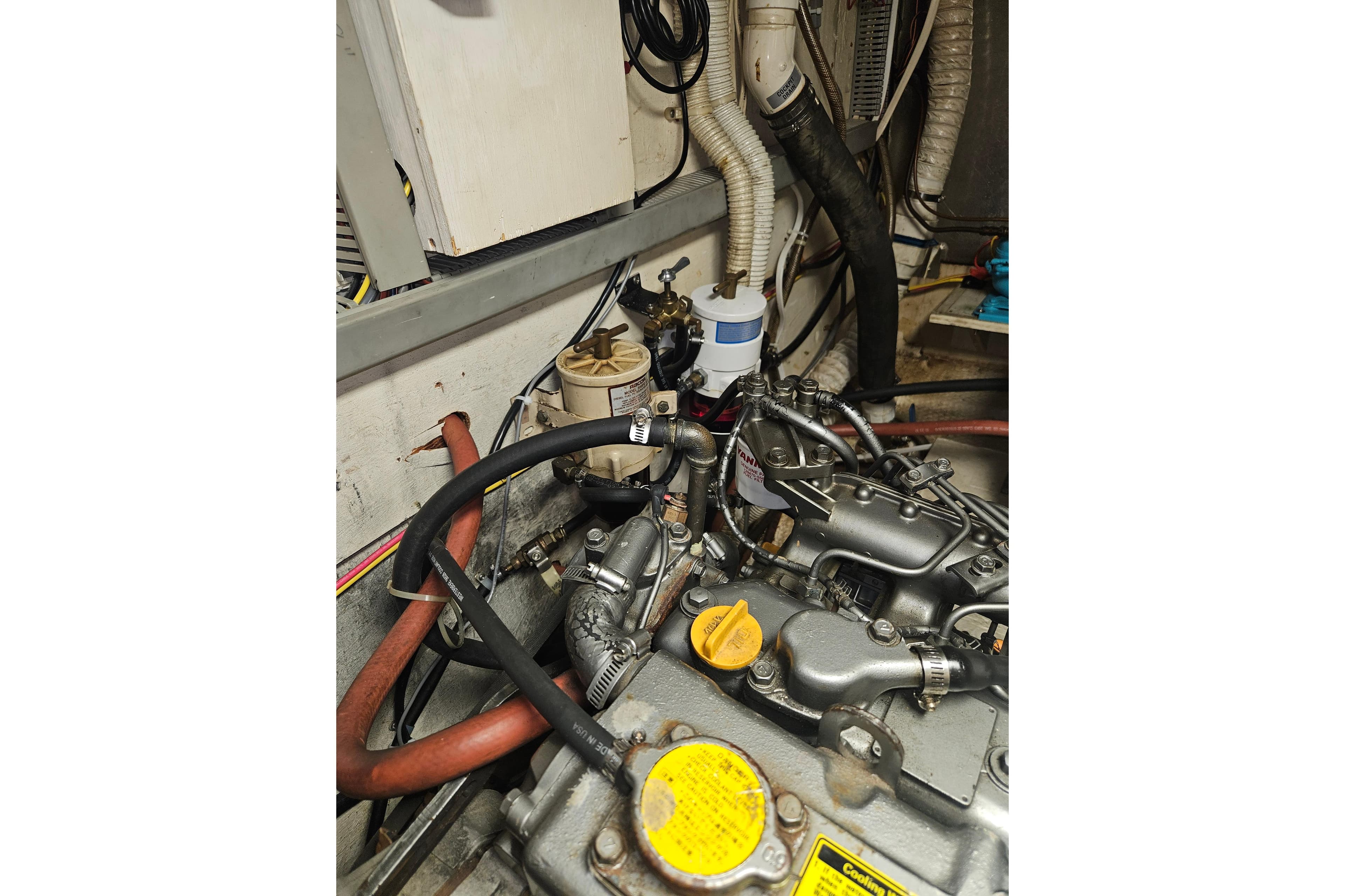 Engine compartment of a 1987 Morgan Classic 41 Center Cockpit sailboat.