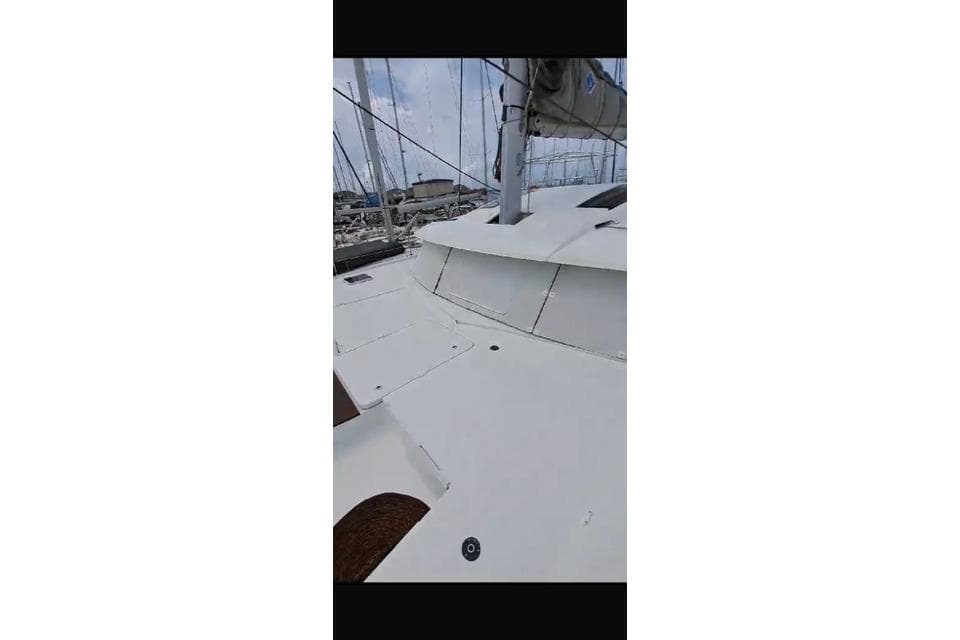 2019 Fountaine Pajot SABA 50 catamaran deck view at marina.