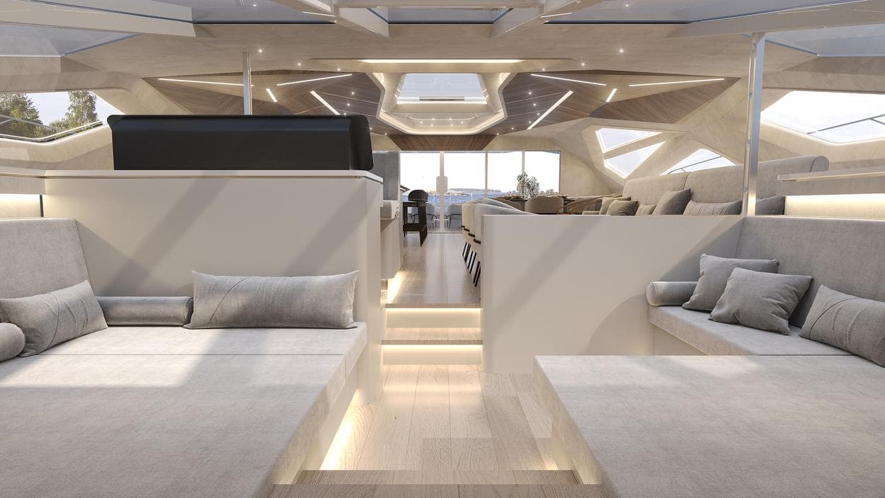 Luxurious interior of 2026 Latitude 46 Catamaran, featuring modern design and spacious seating.