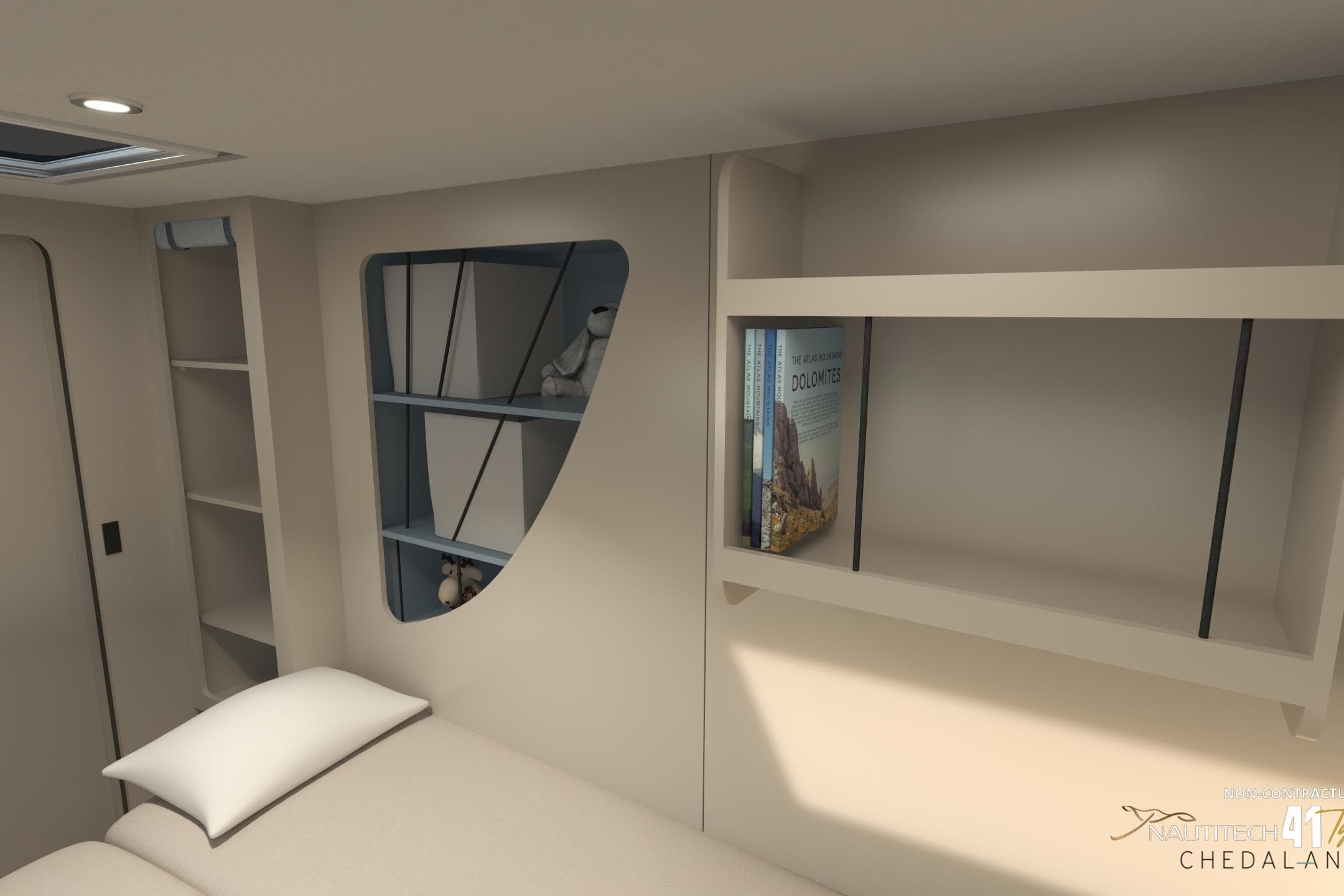 Interior of Nautitech 41 Type S yacht, modern design, bookshelf, 2026 model.