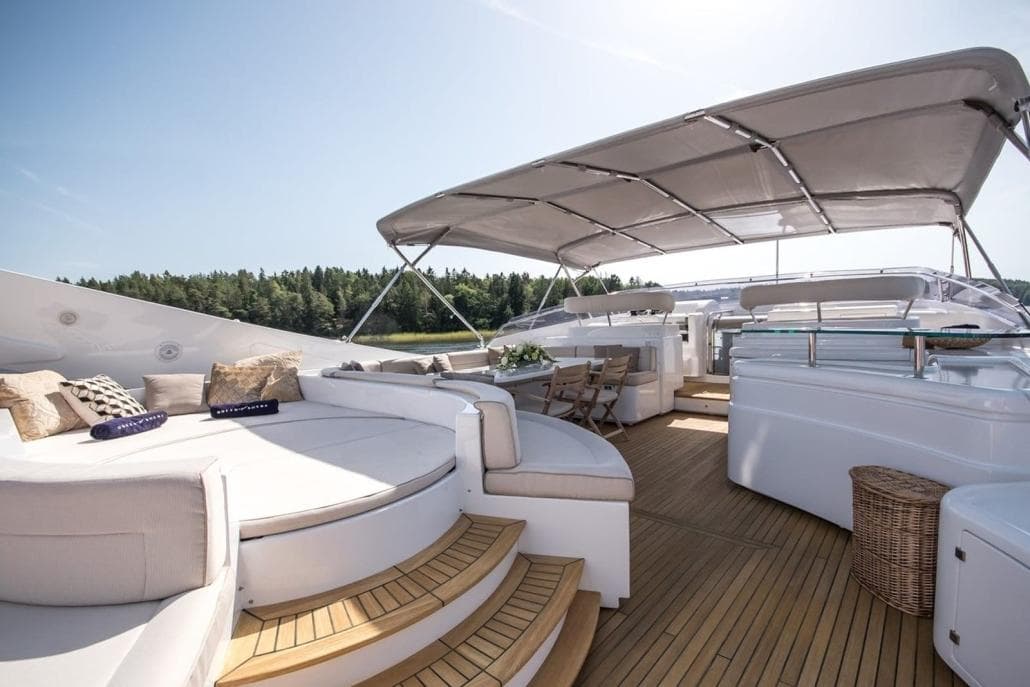 Luxurious 2006 Ferretti Yachts 112 Custom Line with spacious deck and elegant seating area.