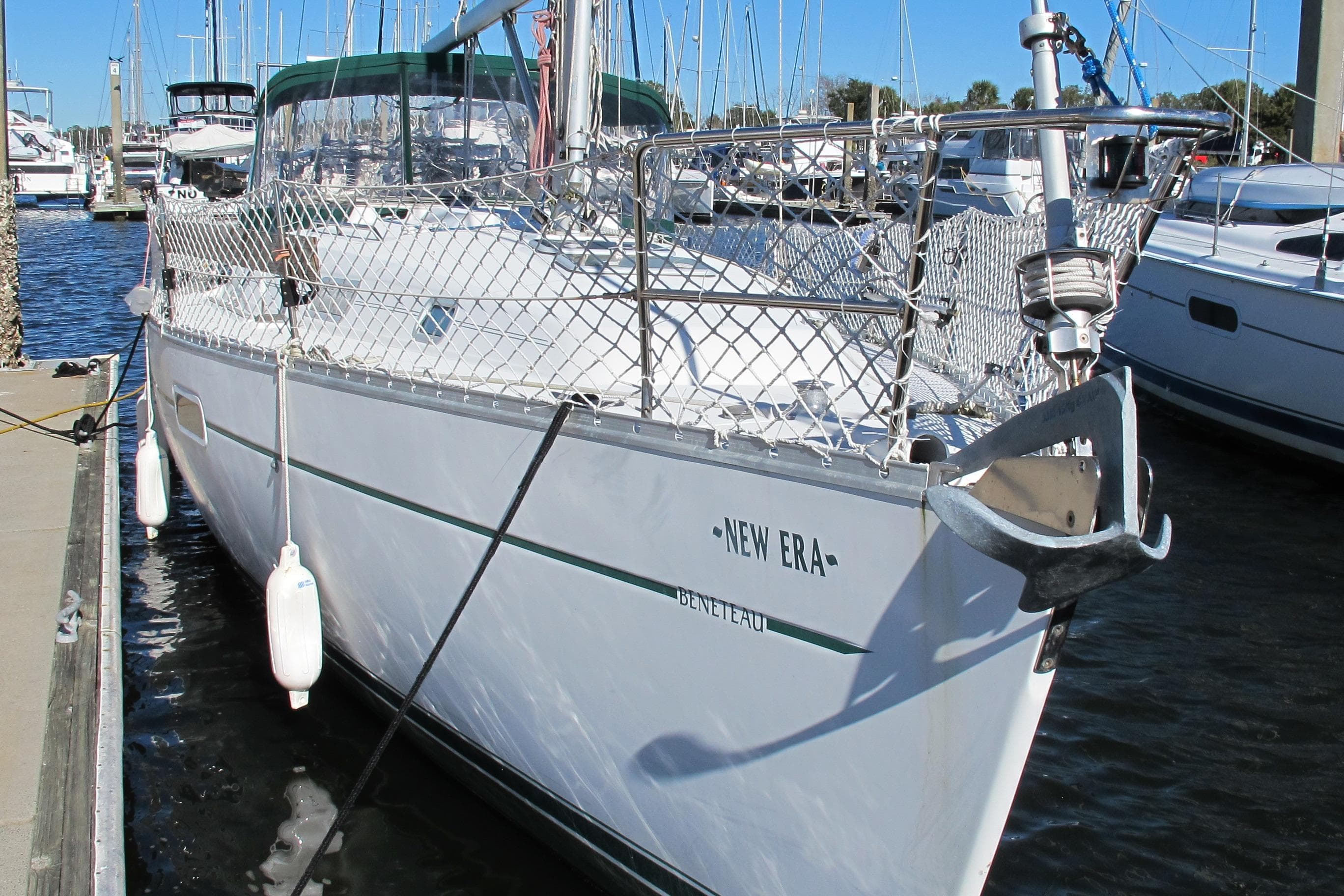Beneteau Oceanis 361 sailboat docked, 2000 model, named "New Era" with visible anchor.