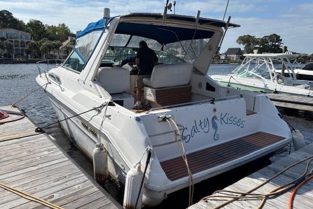 1992 Sea Ray 330 Sundancer docked, named "Salty Kisses," with a person onboard.