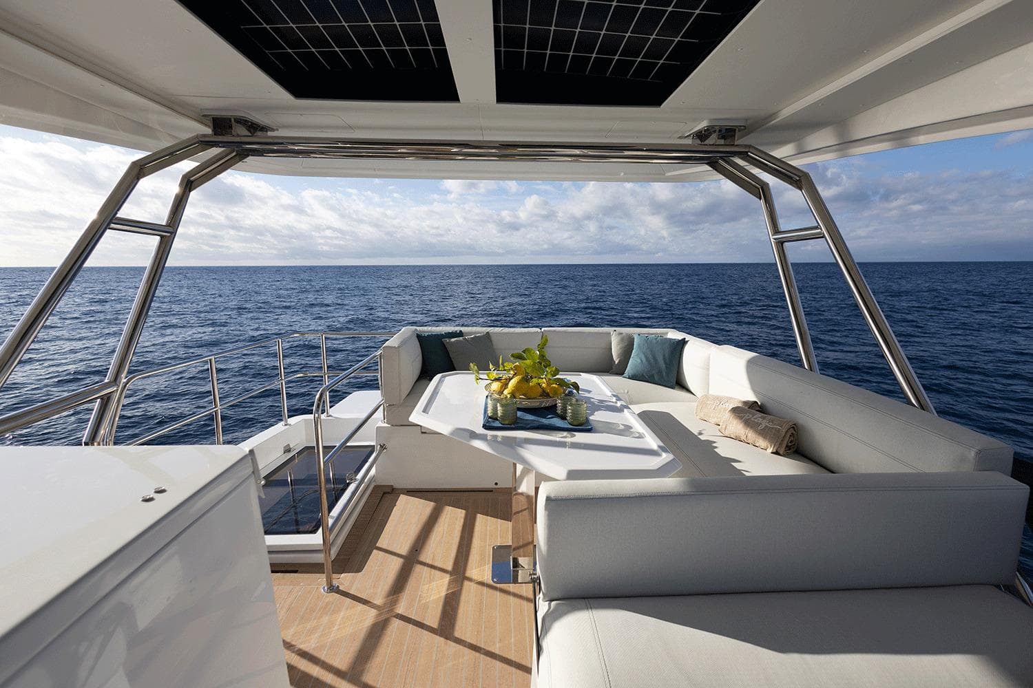 Luxurious 2026 Aventura 38 Motor Yacht with elegant seating and ocean view.
