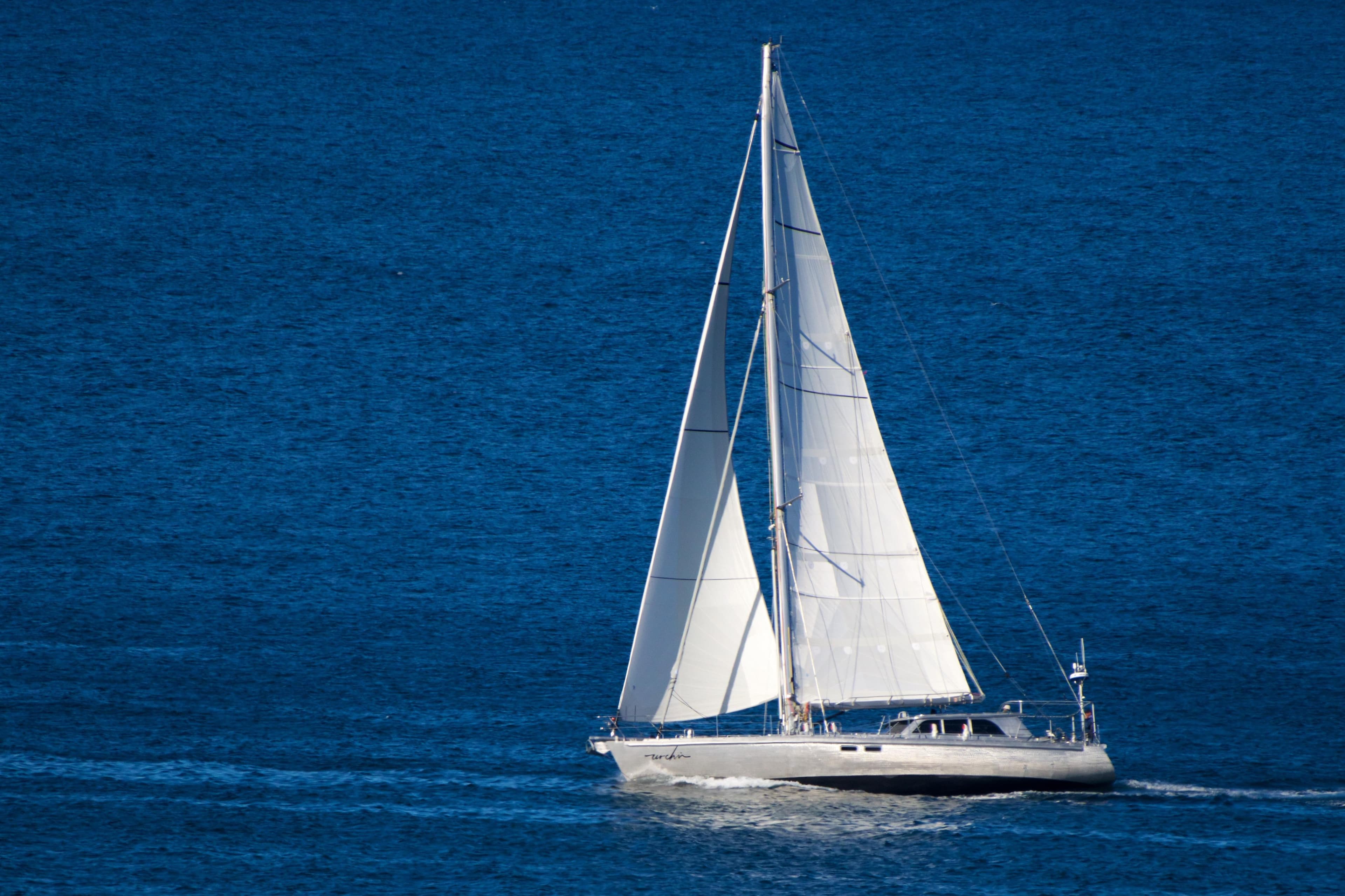 Sailing yacht Ed Joy Good Hope 56, 2016, gliding on blue ocean waters.