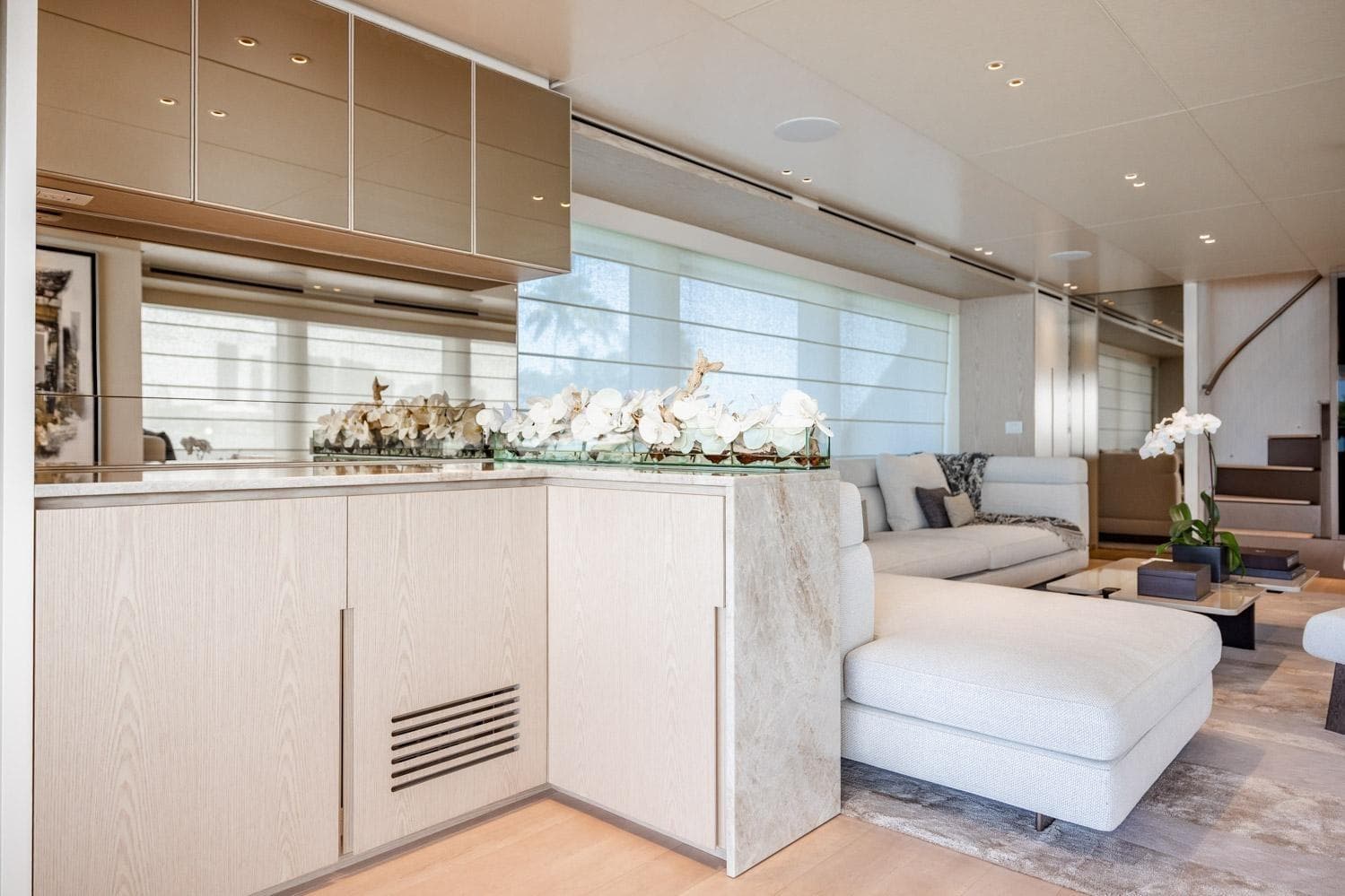 Luxurious interior of 2022 Sanlorenzo SD96 yacht with modern decor and elegant furnishings.