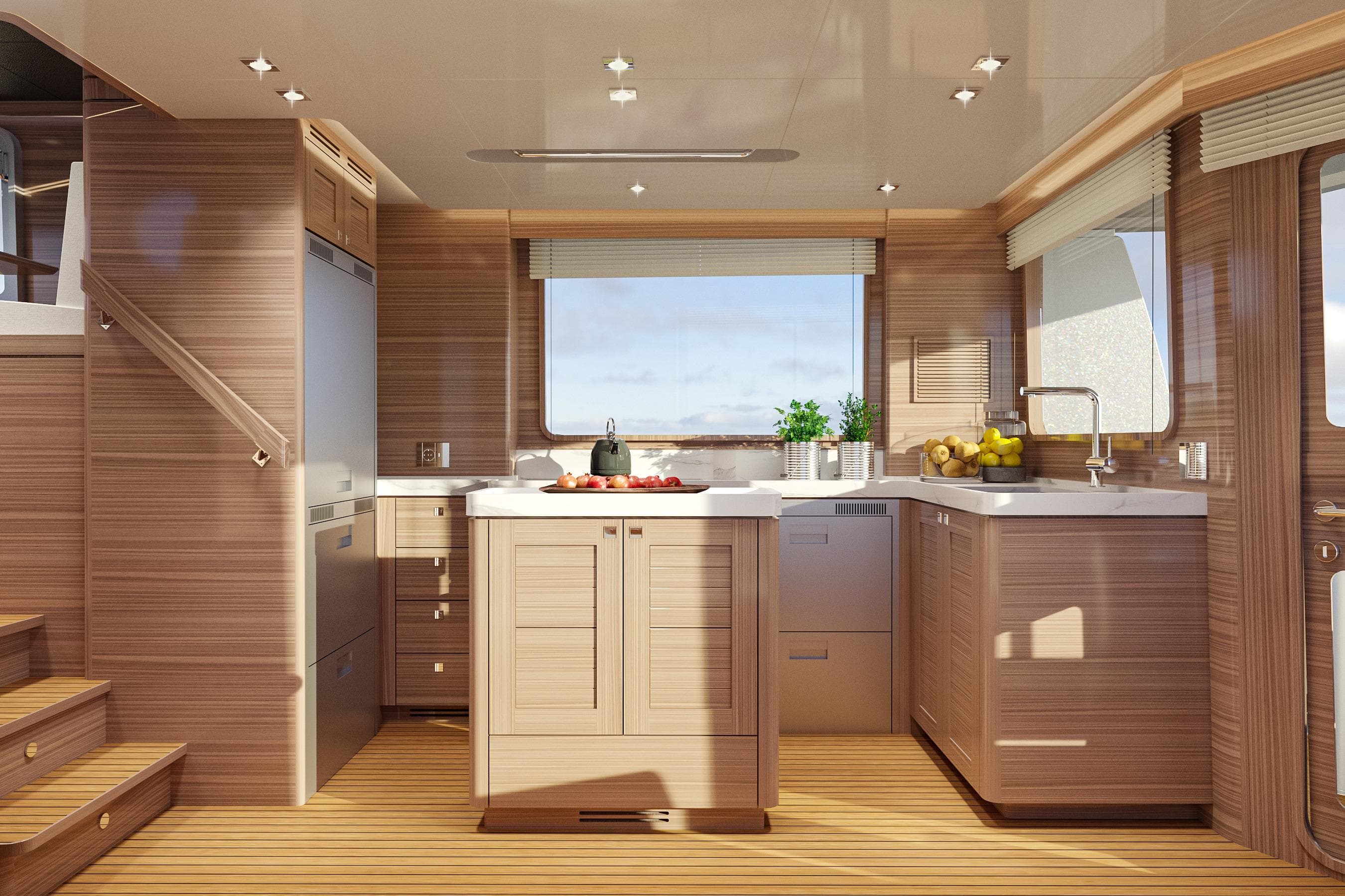 Luxurious 2026 Nordhavn 46 yacht kitchen with modern wood finish and ample natural light.