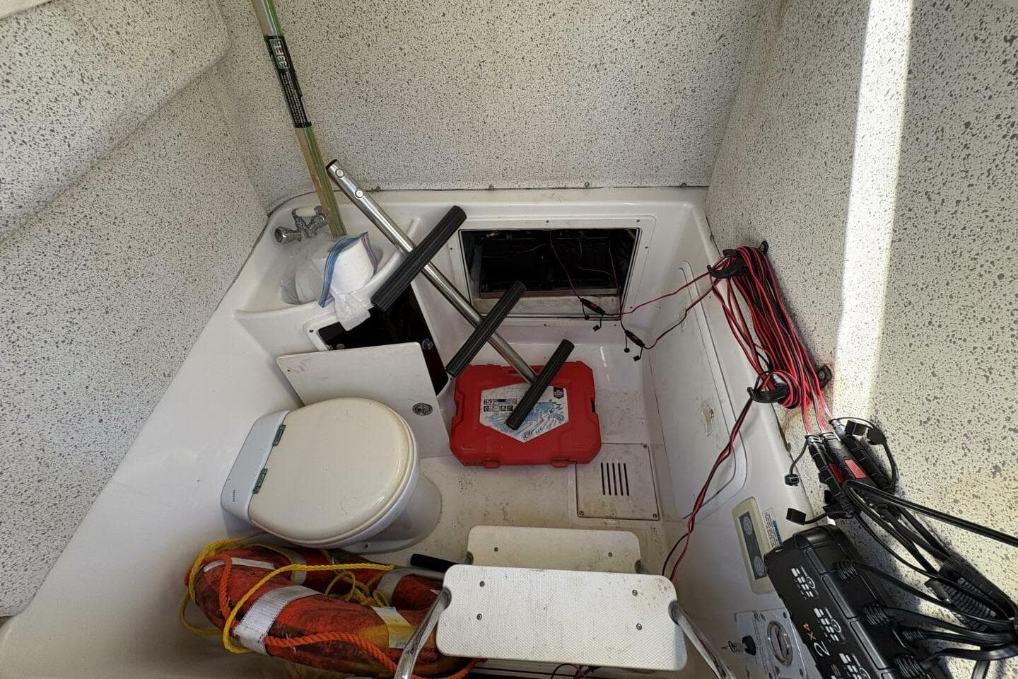 2008 Wellcraft 35 Scarab Sport interior with equipment and wiring.