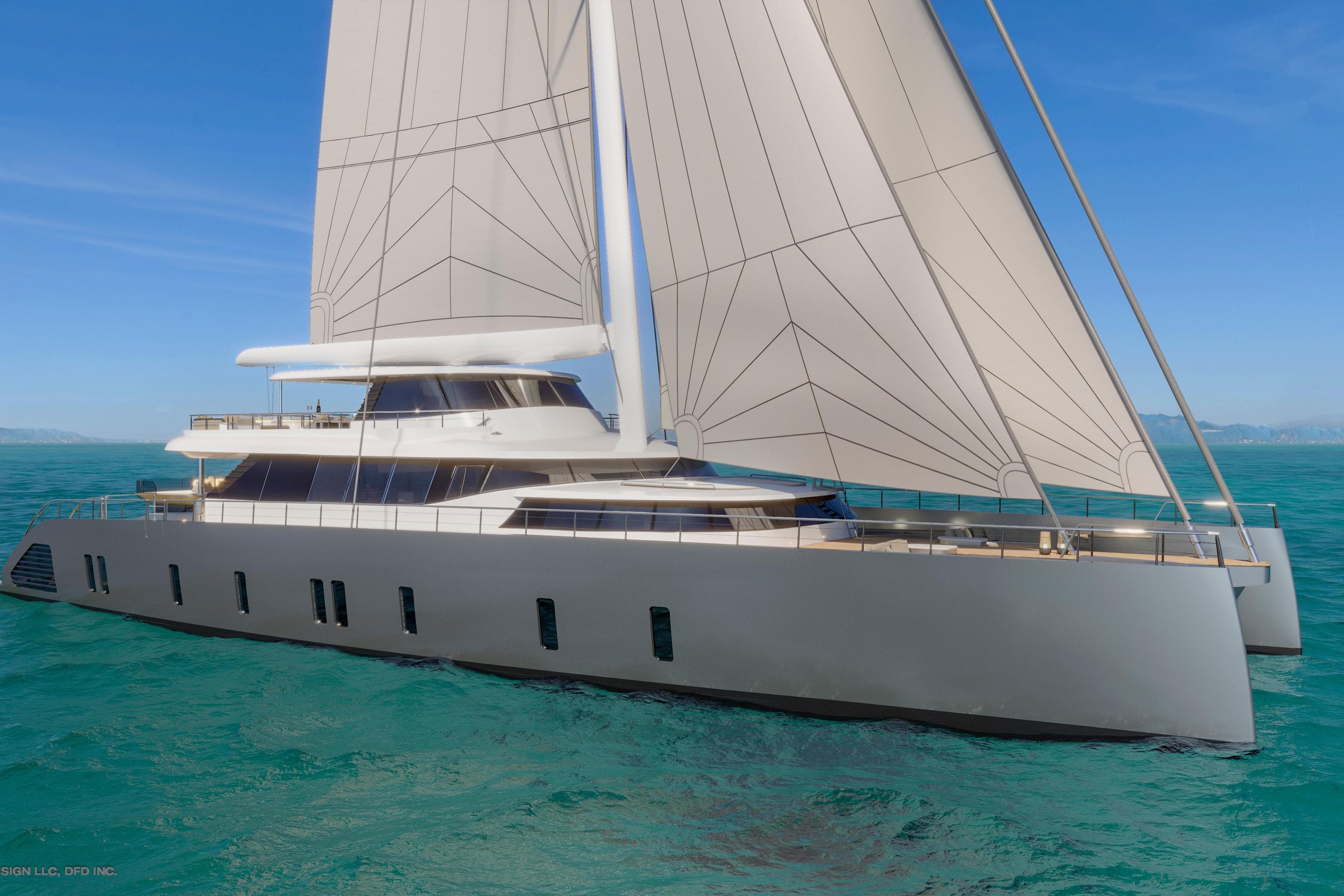 Futuristic 2028 Dynamic Project Garfield yacht sailing on turquoise ocean waters.