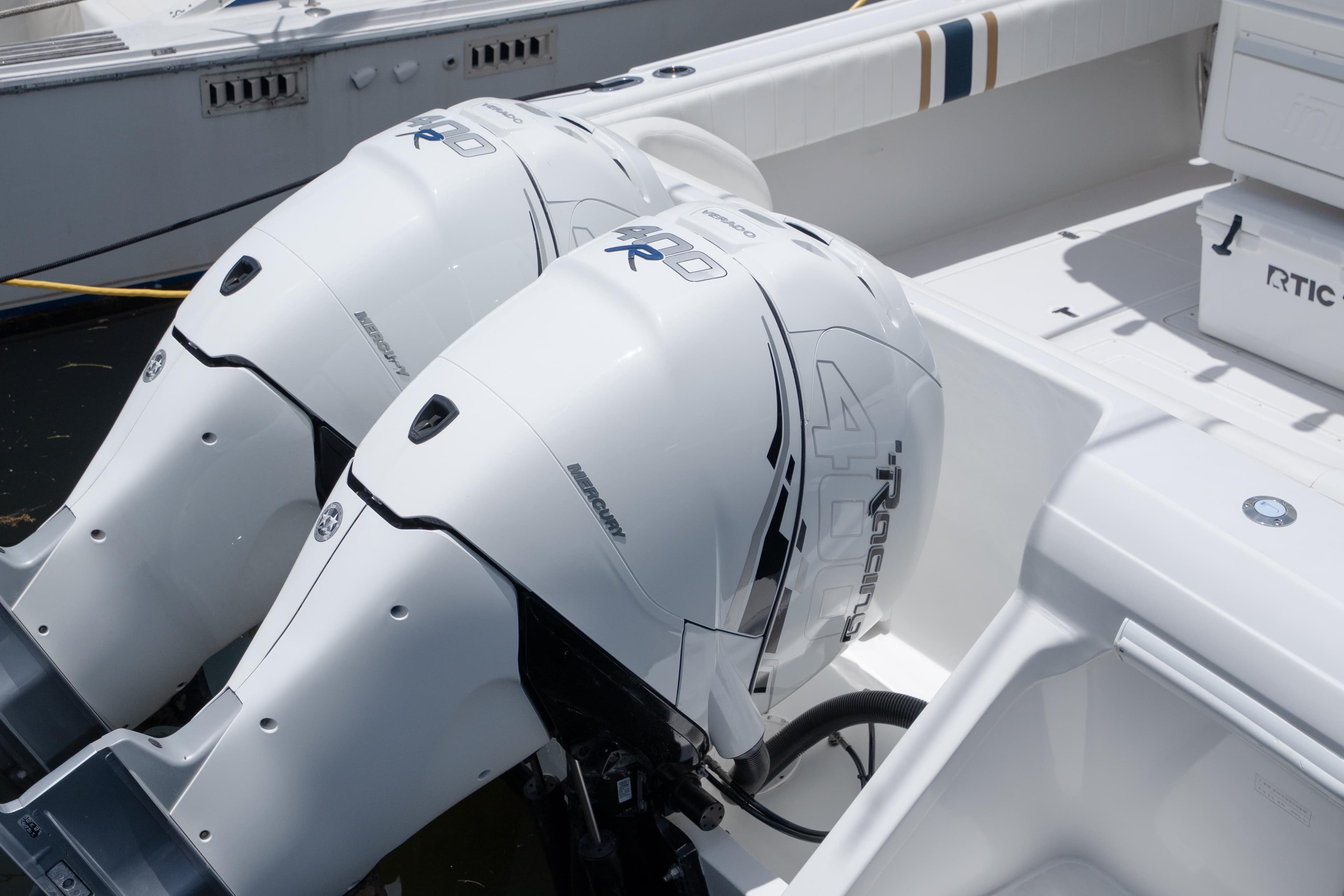Twin Mercury Racing outboard engines on a 1999 Intrepid 35 boat.
