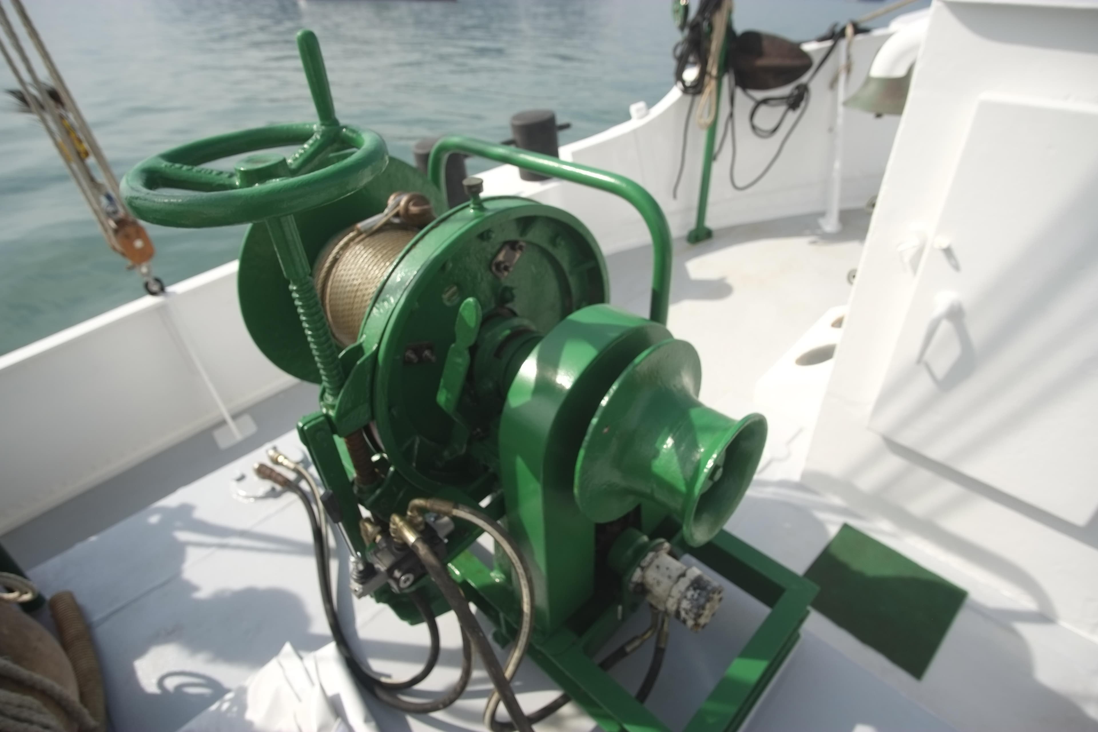 Green vintage winch on a boat deck, Custom Gronigen model, 1930.