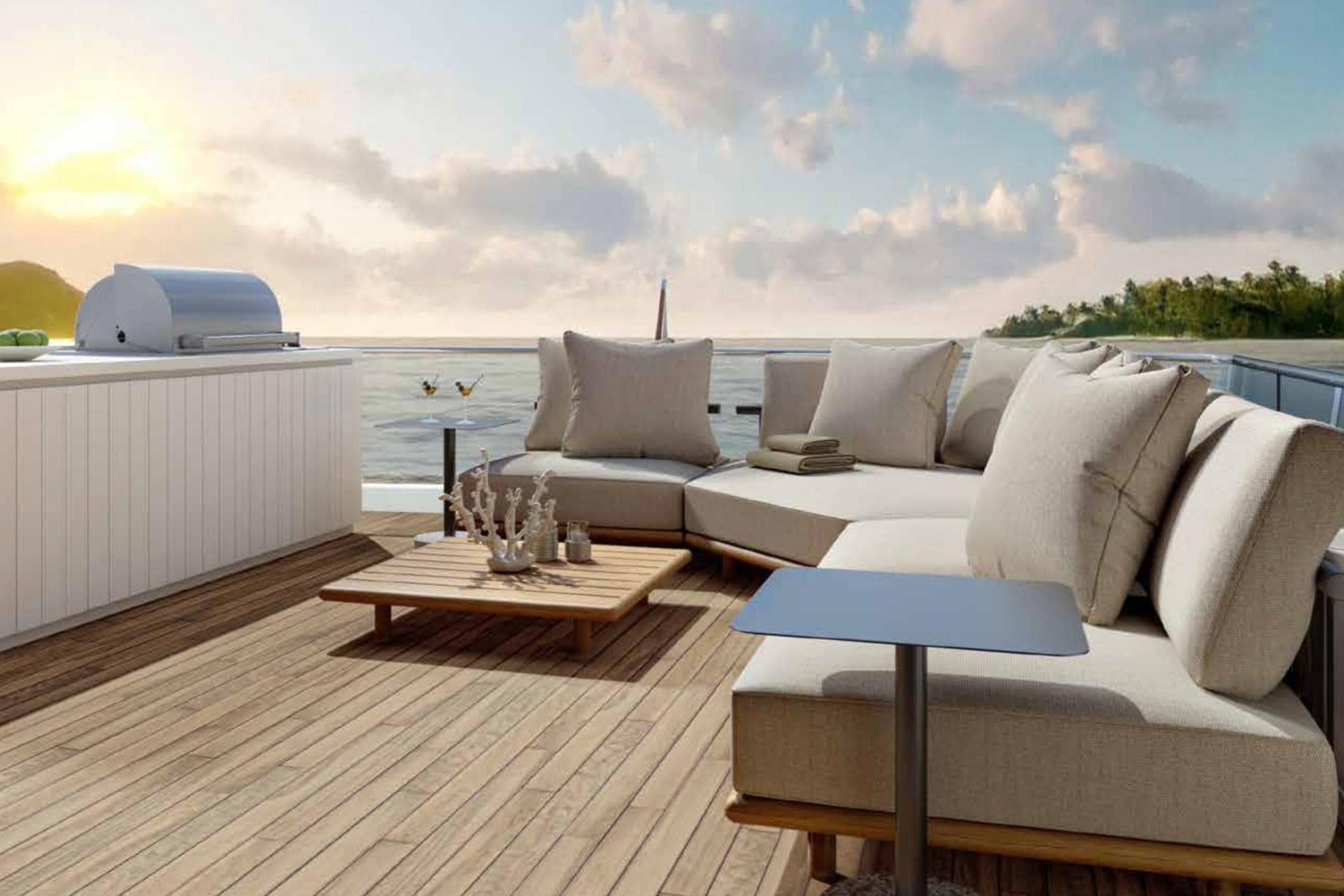 Luxurious Sanlorenzo SX100 yacht deck with elegant seating, ocean view, and sunset ambiance, 2026 model.