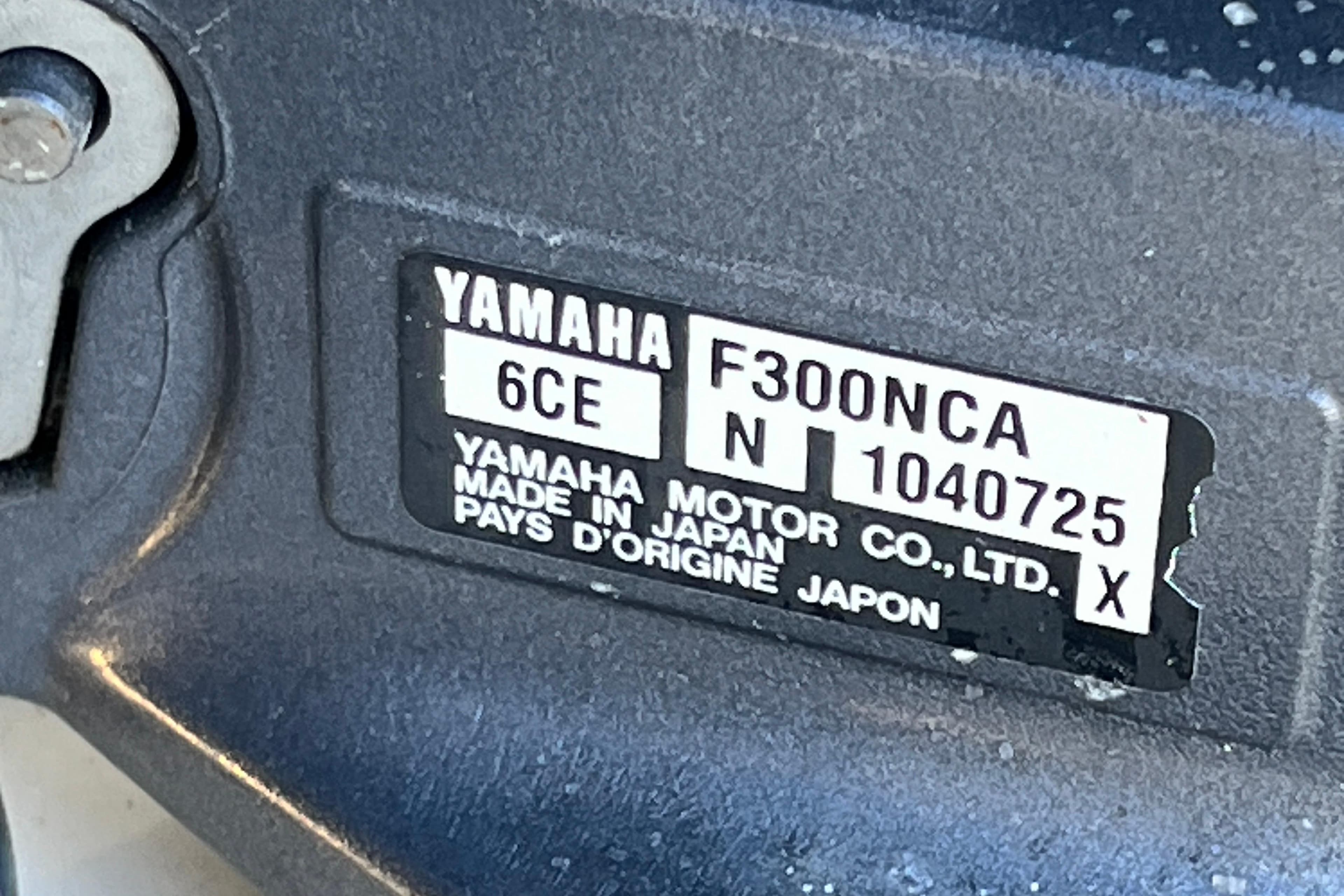 Yamaha F300NCA engine label on 2017 Grady-White Express 330, made in Japan.