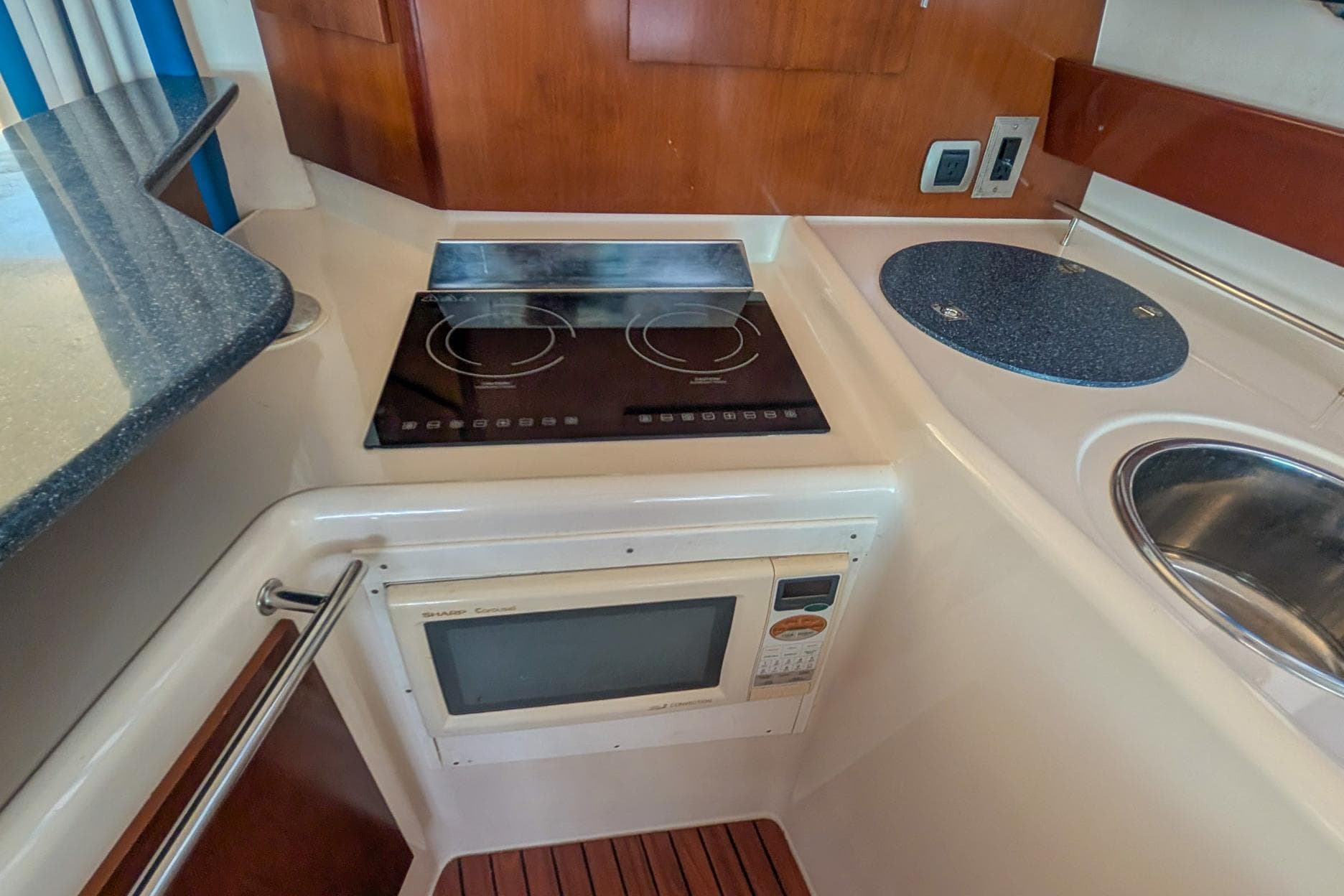 Galley area of Fountaine Pajot Maryland 37 yacht, year 2003.