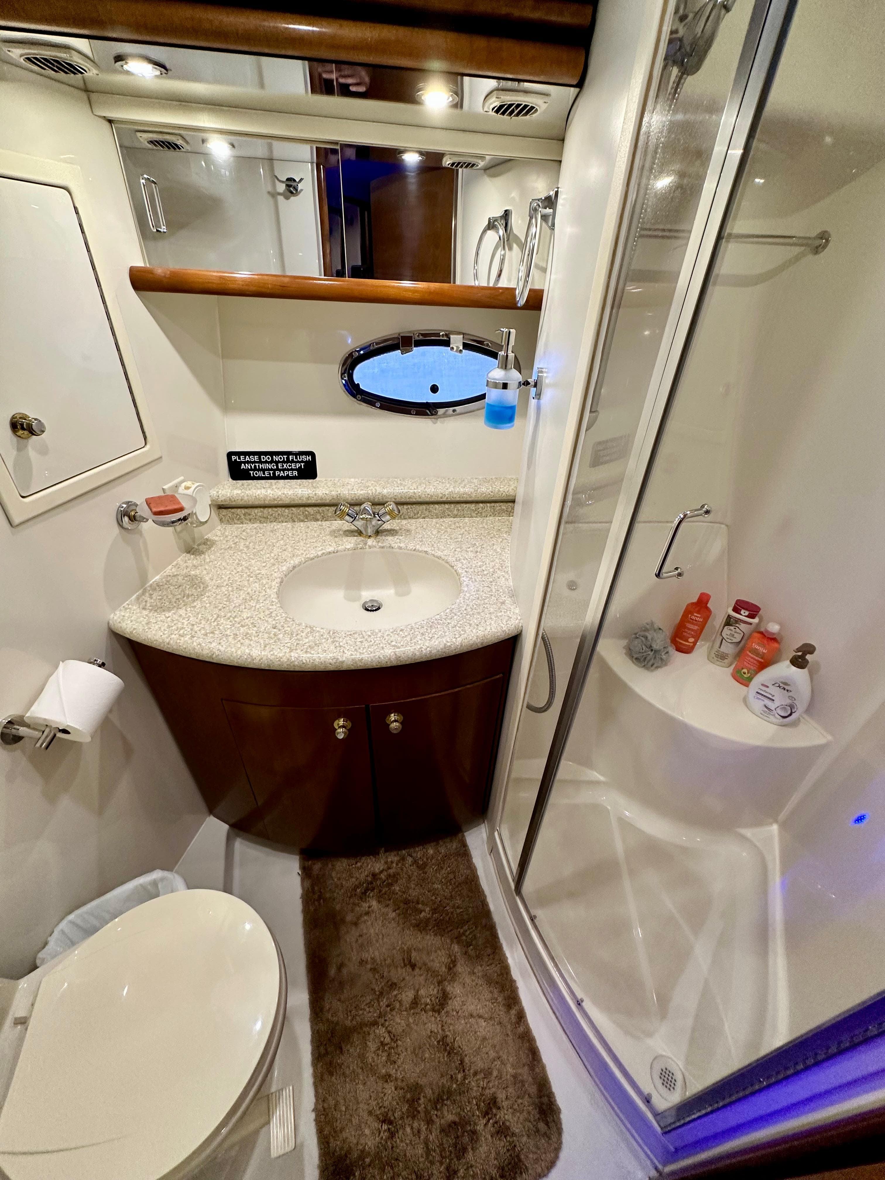1999 Carver 450 Pilothouse bathroom with shower, sink, and toilet.