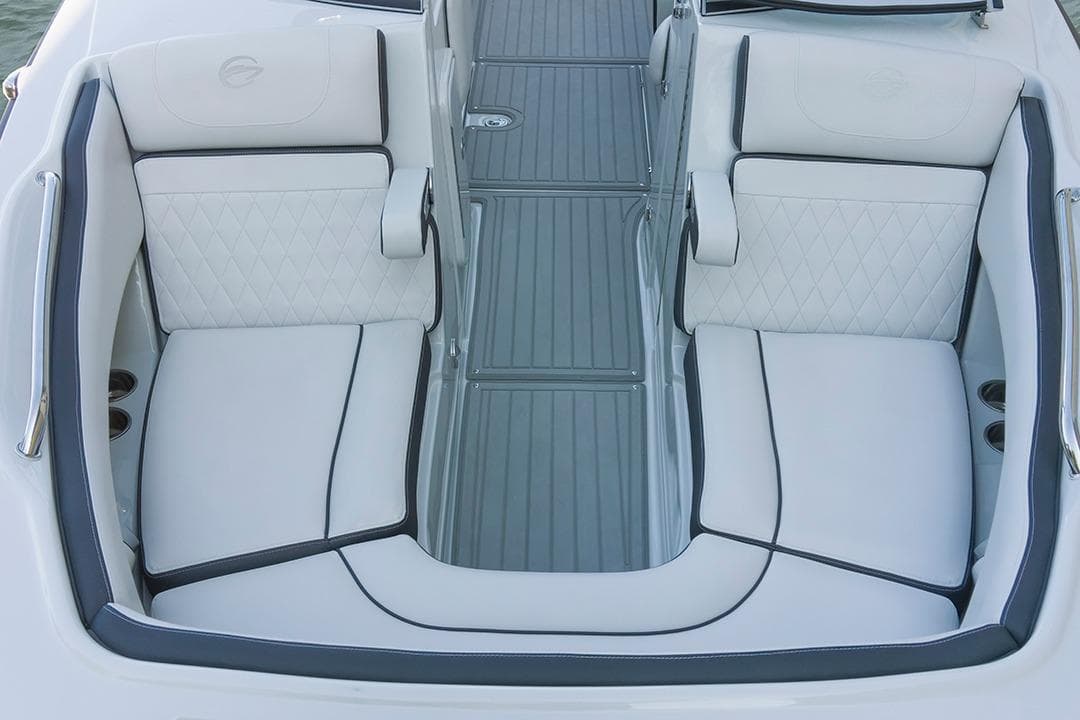 2024 Crownline Eclipse E235 SURF boat interior with luxurious white seating.