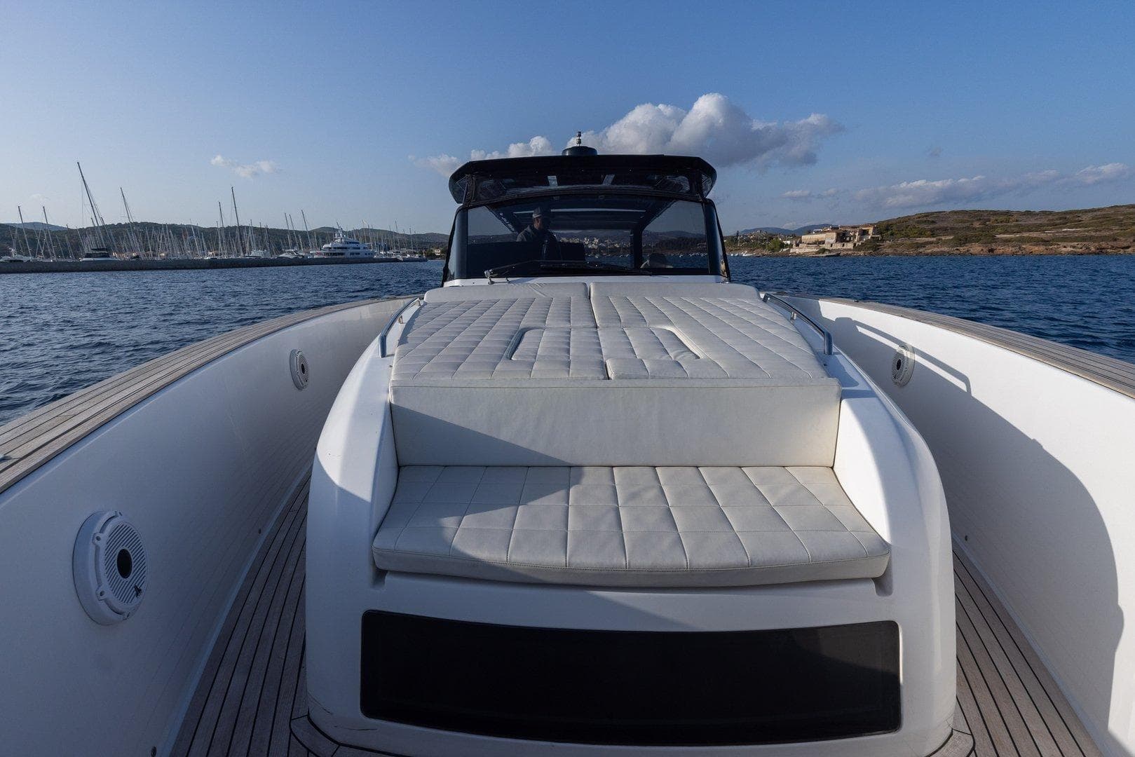 Pardo Yachts 50, 2021 model, luxury deck view on calm sea.