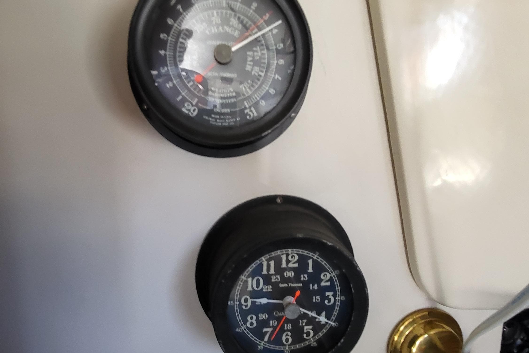 Close-up of gauges on a 1979 Pearson 365 Sloop sailboat.