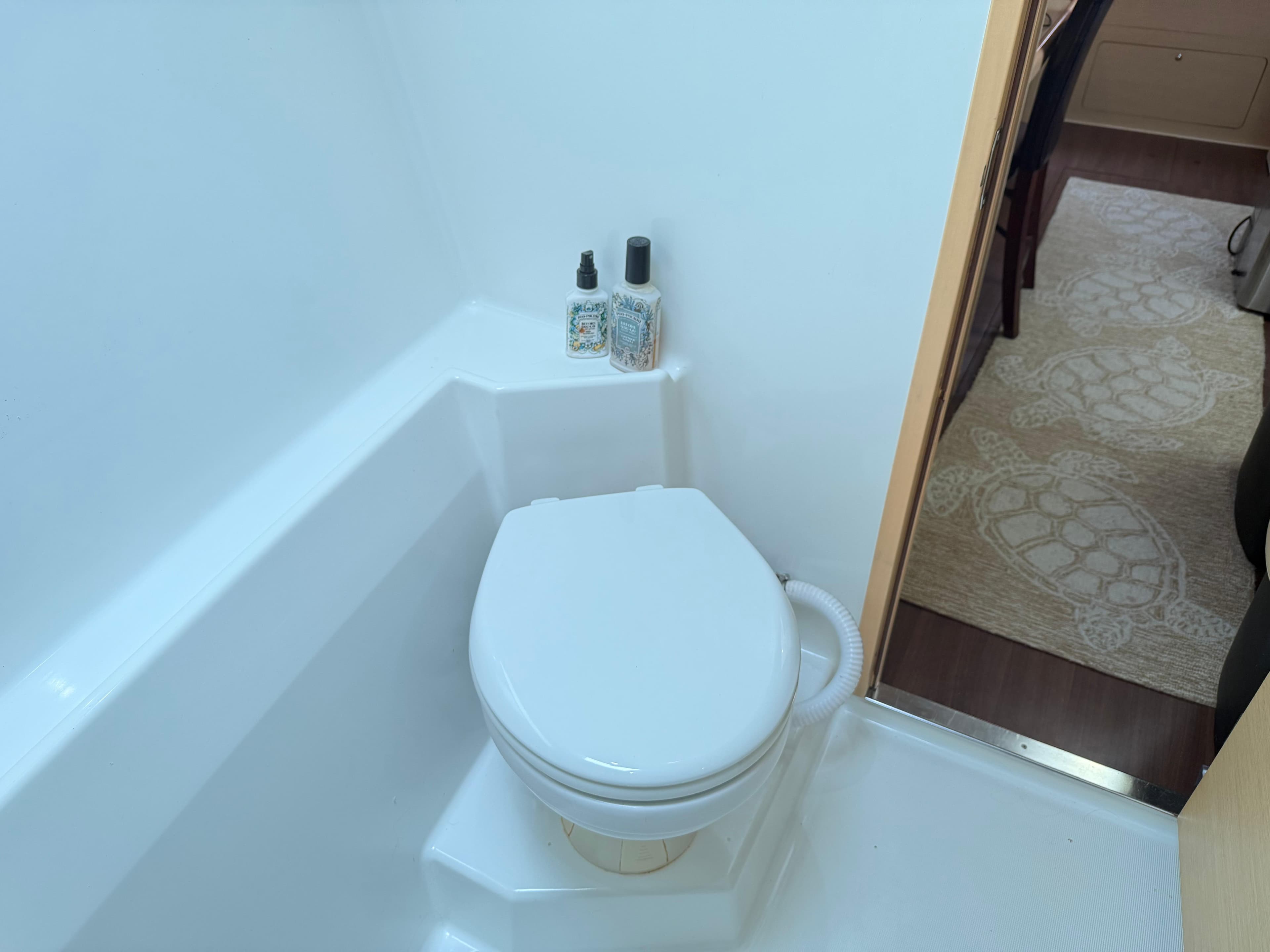 Bathroom interior of 2010 Lagoon 400 Owner's Version yacht, featuring a compact toilet.