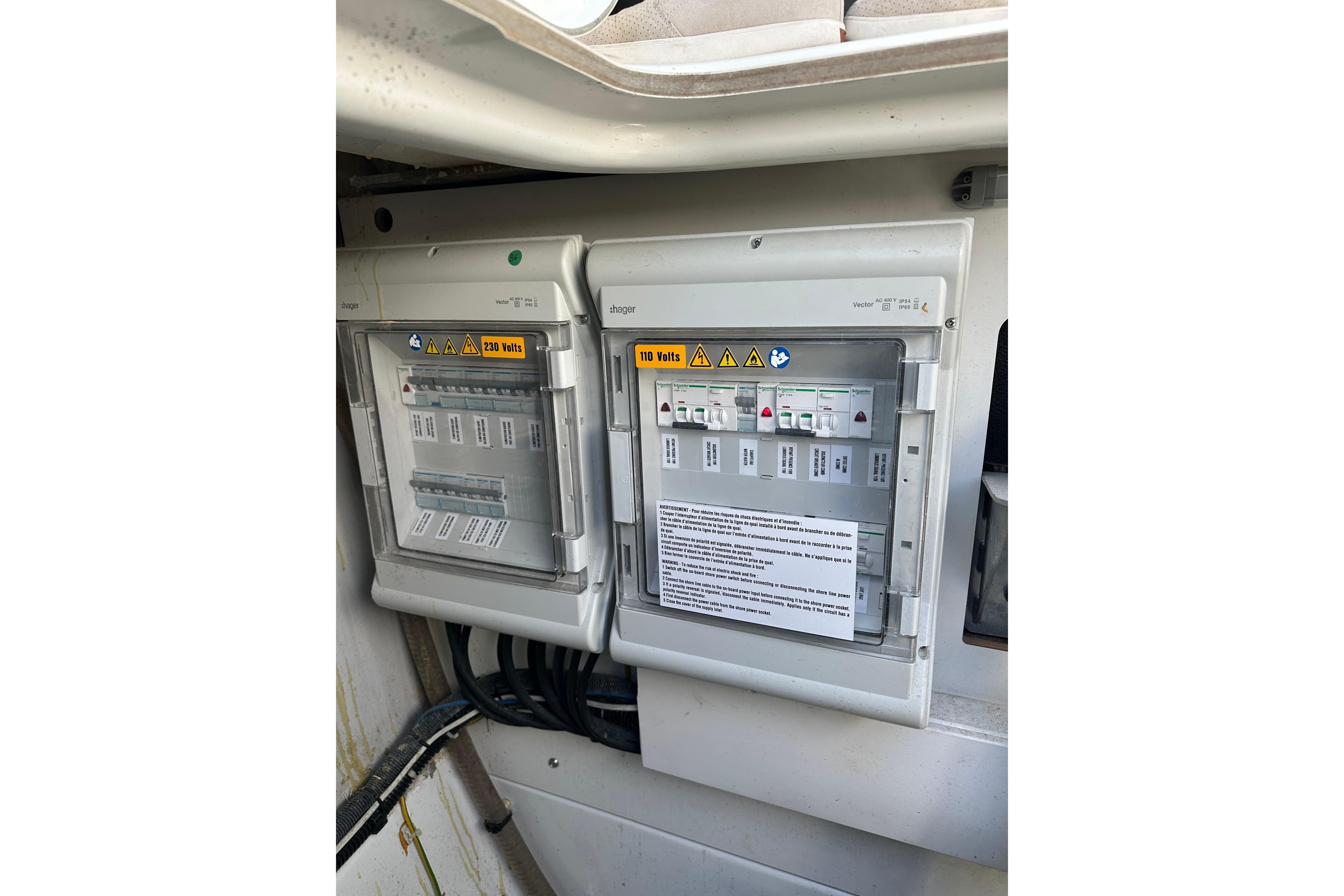 Electrical panel on a 2020 Fountaine Pajot Astrea 42 Catamaran, featuring 230V and 110V systems.