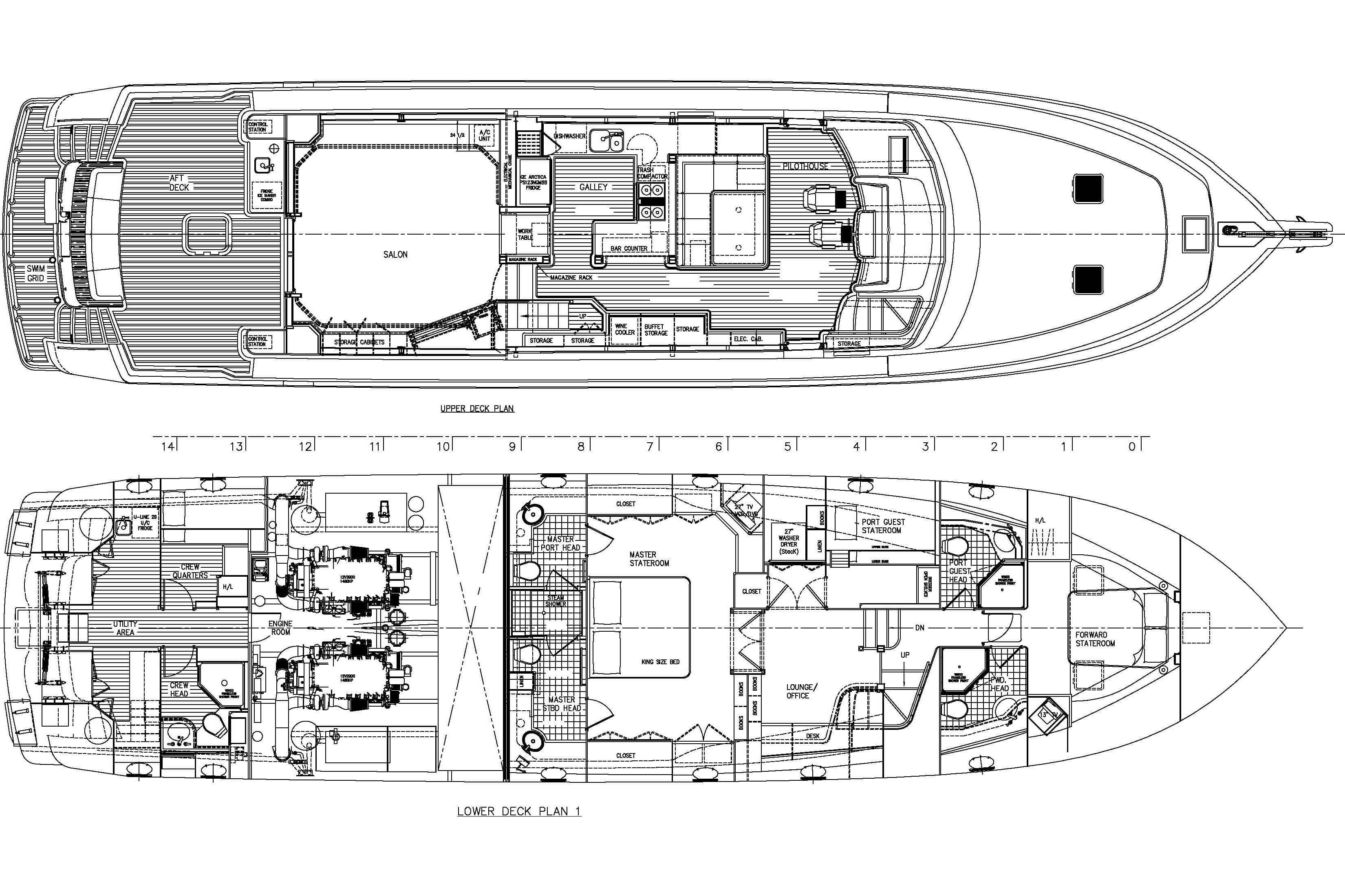 Floor plan of 2003 West Bay Sonship yacht, showcasing upper and lower deck layouts.