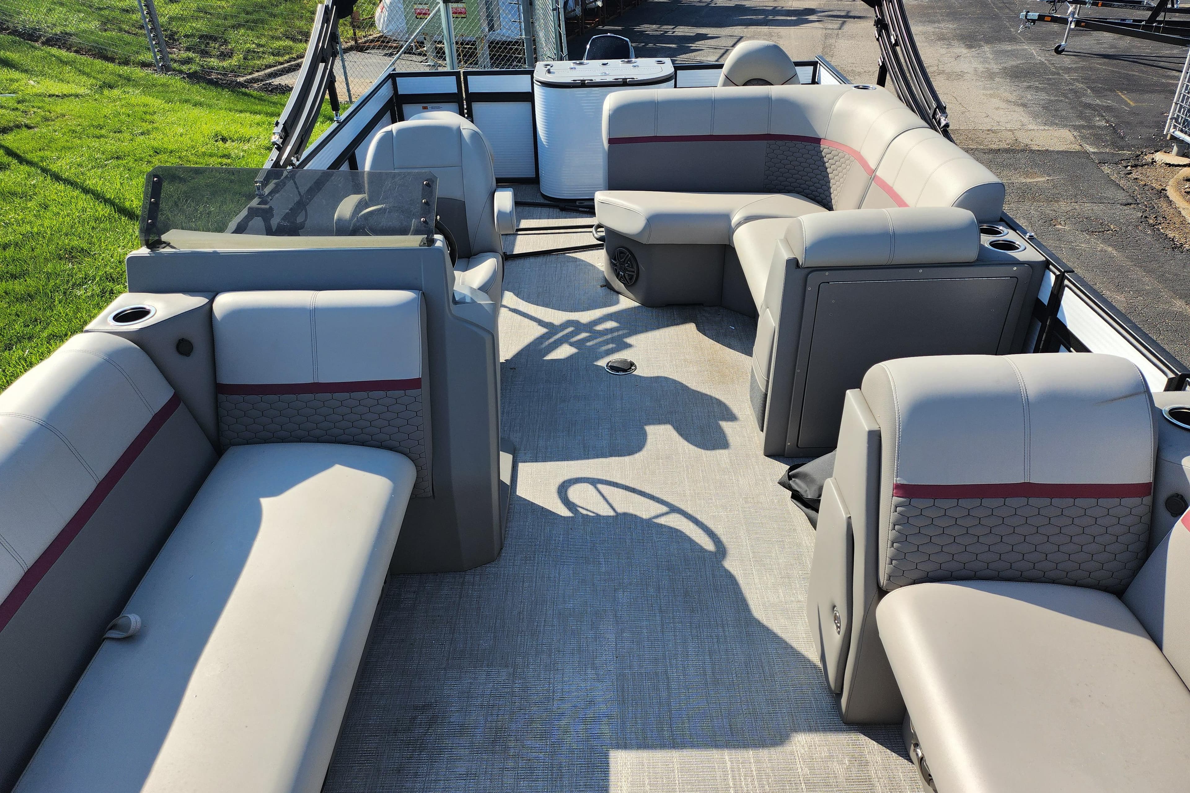 2024 Qwest Angler Qwest XRE pontoon boat interior with spacious seating and modern design.