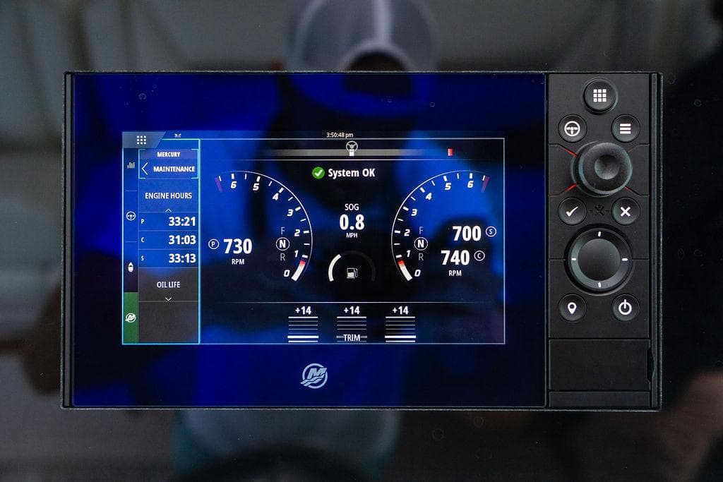 Dashboard display of 2025 Tiara Yachts 48 LS showing engine metrics and system status.