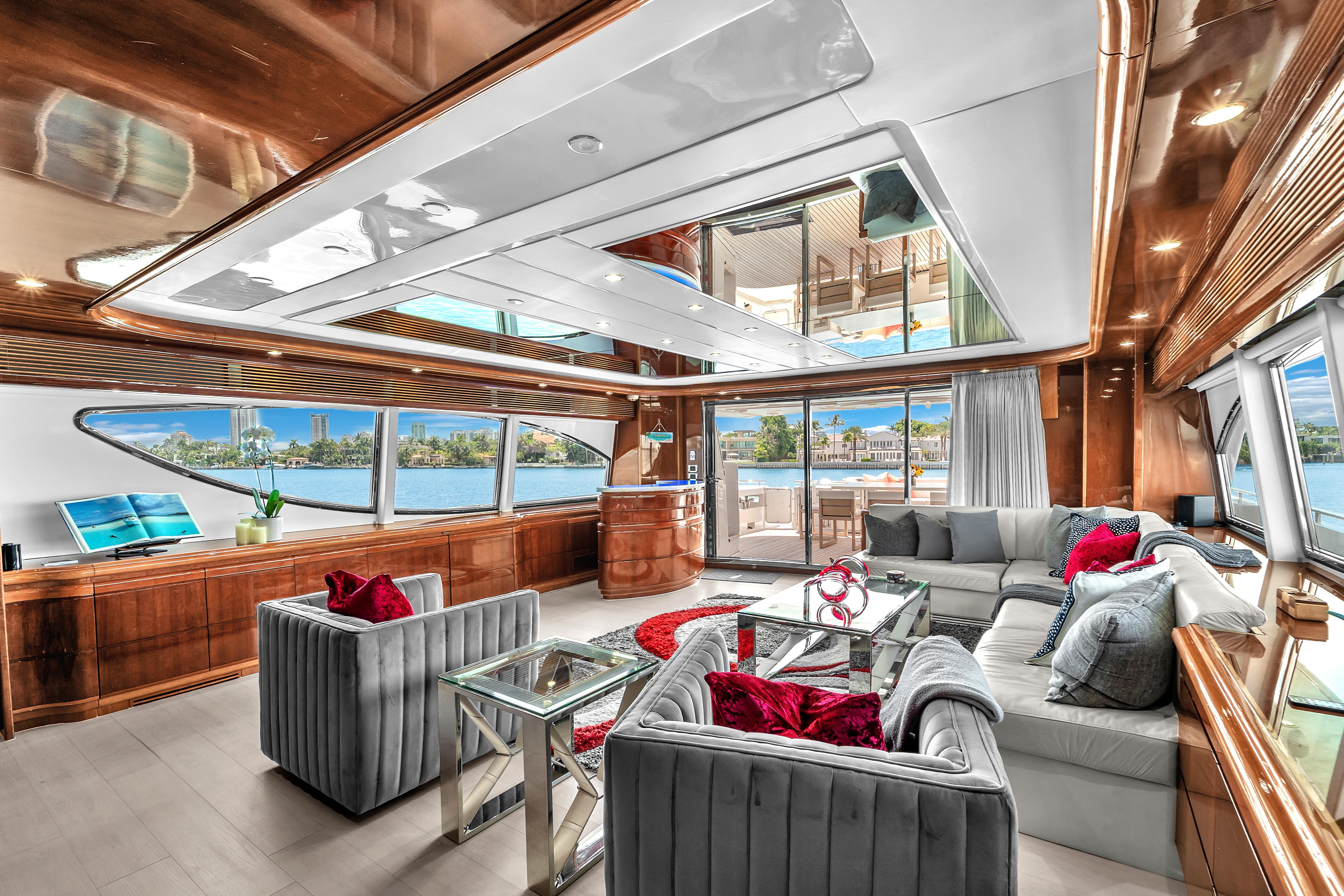 Luxurious interior of 2002 Ferretti Yachts Custom Line 94 with elegant furnishings and panoramic views.