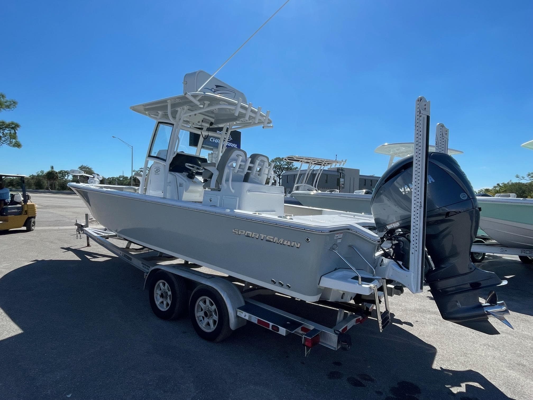 2021 Sportsman Masters 267OE Bay Boat on trailer, side view.