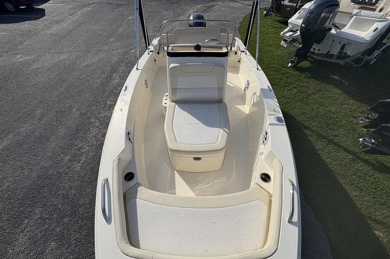 2026 Scout 188 Sportfish boat interior with seating and steering console.