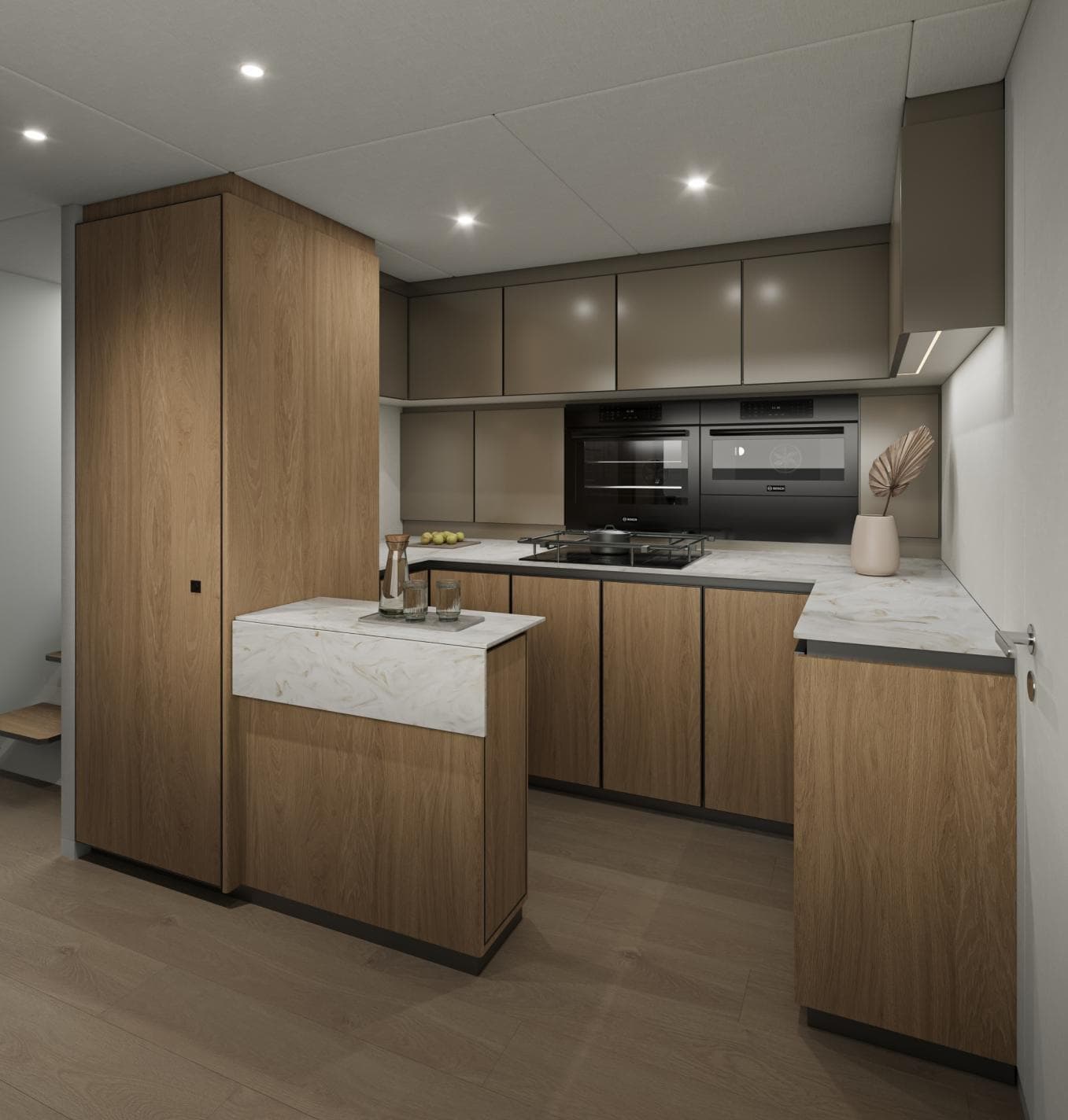 Modern kitchen interior in 2026 Sunreef Ultima 88 yacht, featuring sleek wood cabinetry and marble countertops.