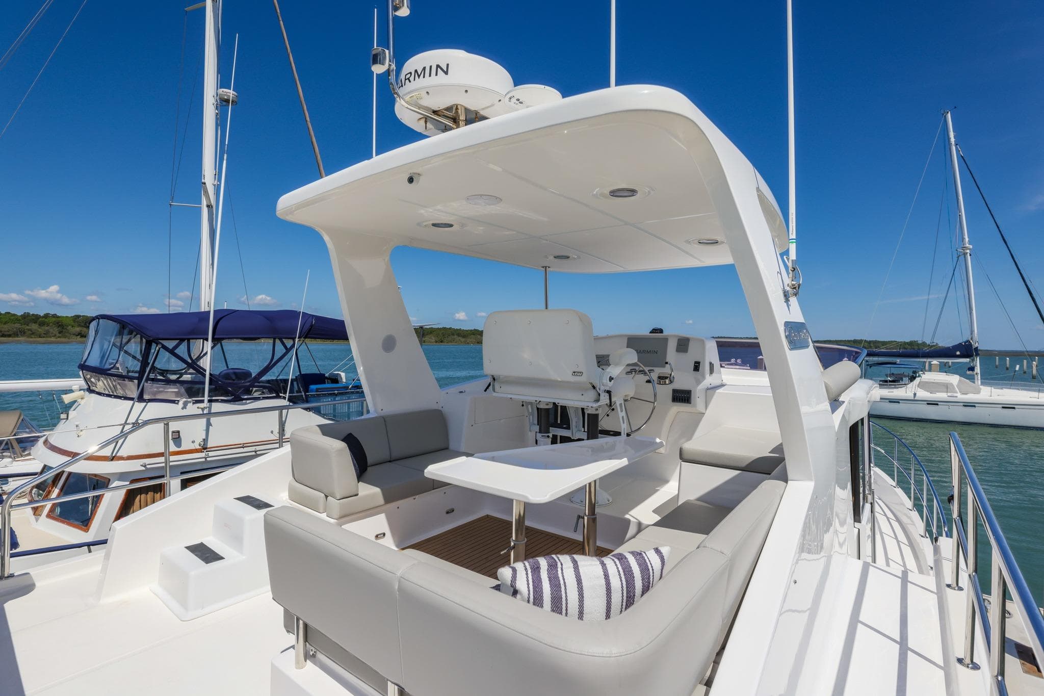 2023 North Pacific 49 Euro yacht with spacious deck and seating area.