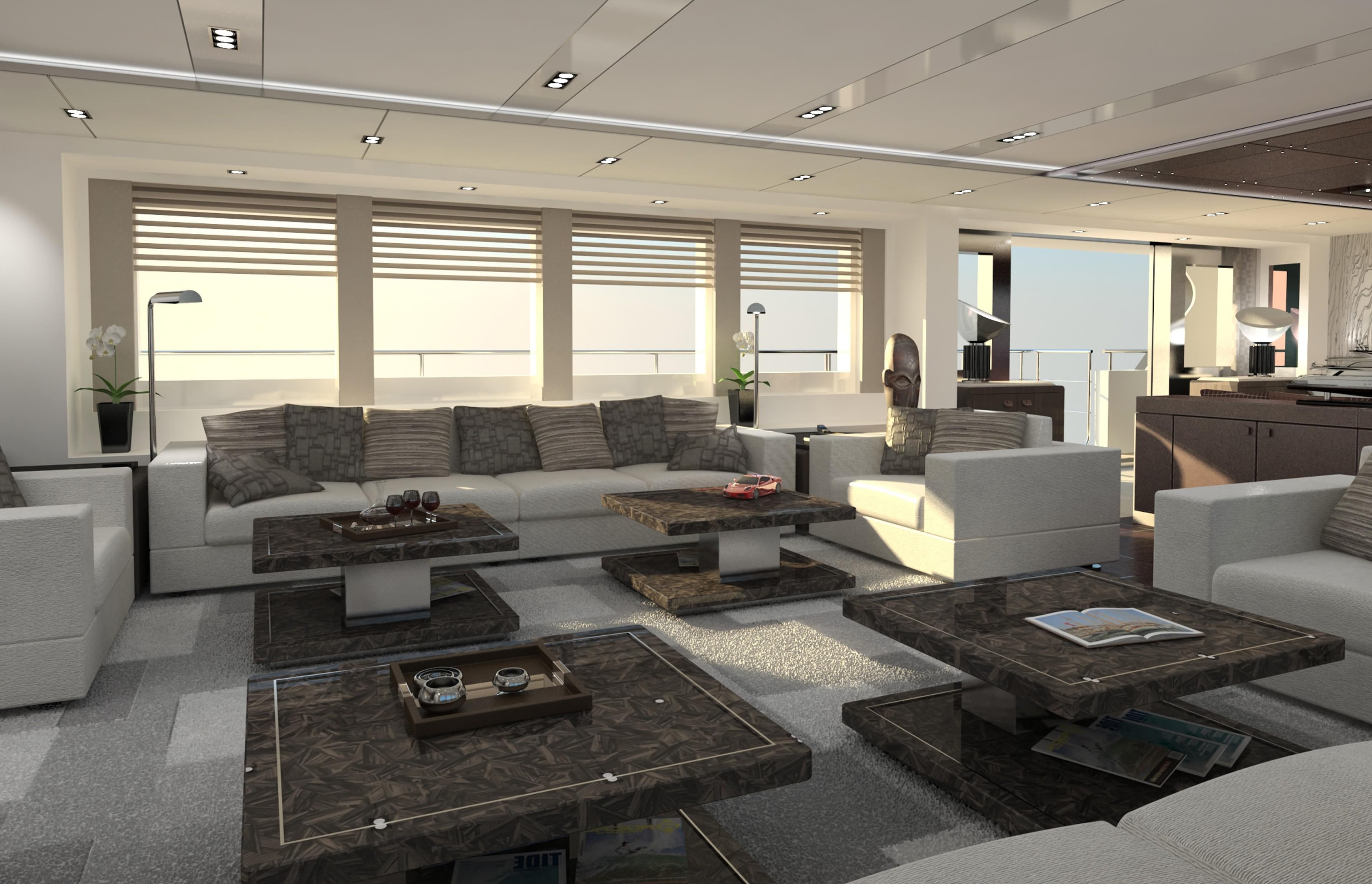 Luxurious interior of Bloemsma and Balk Spectral 50m yacht, featuring modern furnishings and large windows.