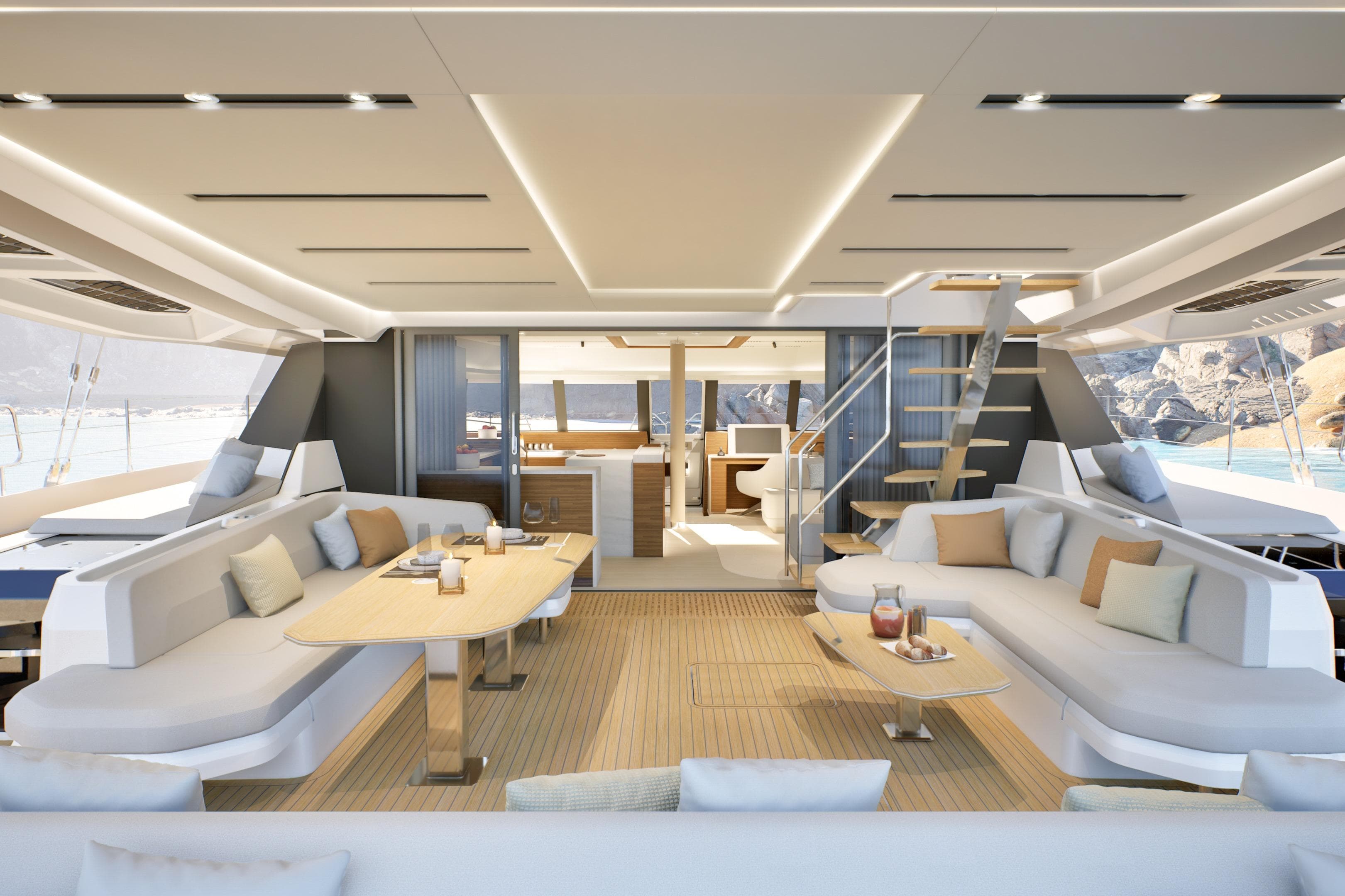 Luxurious interior of 2027 Fountaine Pajot FPY 70S yacht with modern seating and elegant decor.