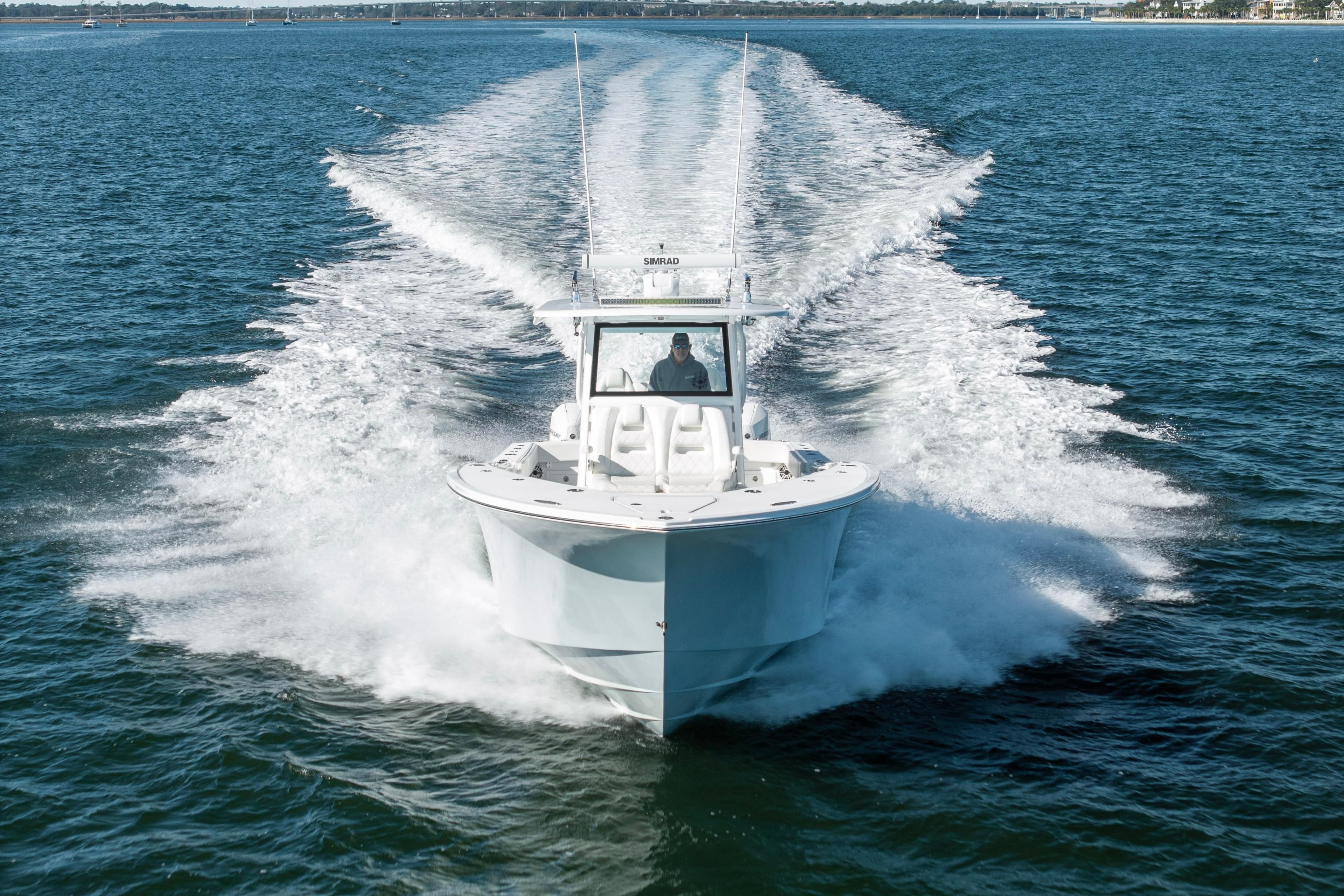 2021 Onslow Bay 41 Tournament Edition boat cruising on open water.