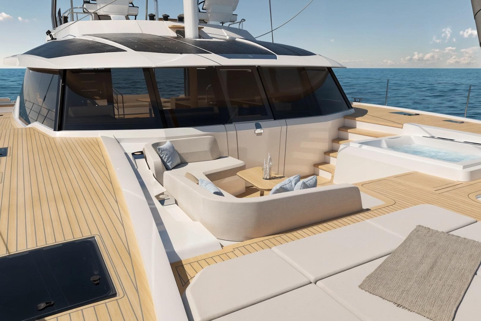 Luxurious 2027 Fountaine Pajot FPY 70S yacht deck with seating and jacuzzi.