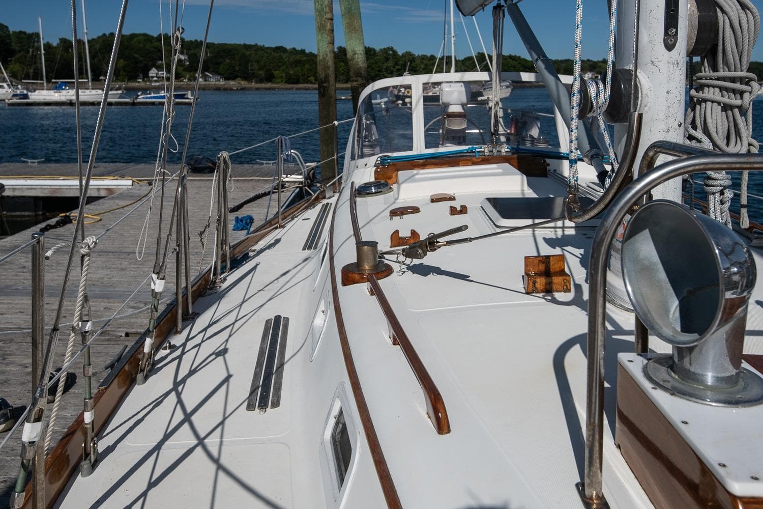 1984 Hank Hinckley OC42 sailboat docked, showcasing deck and rigging details.