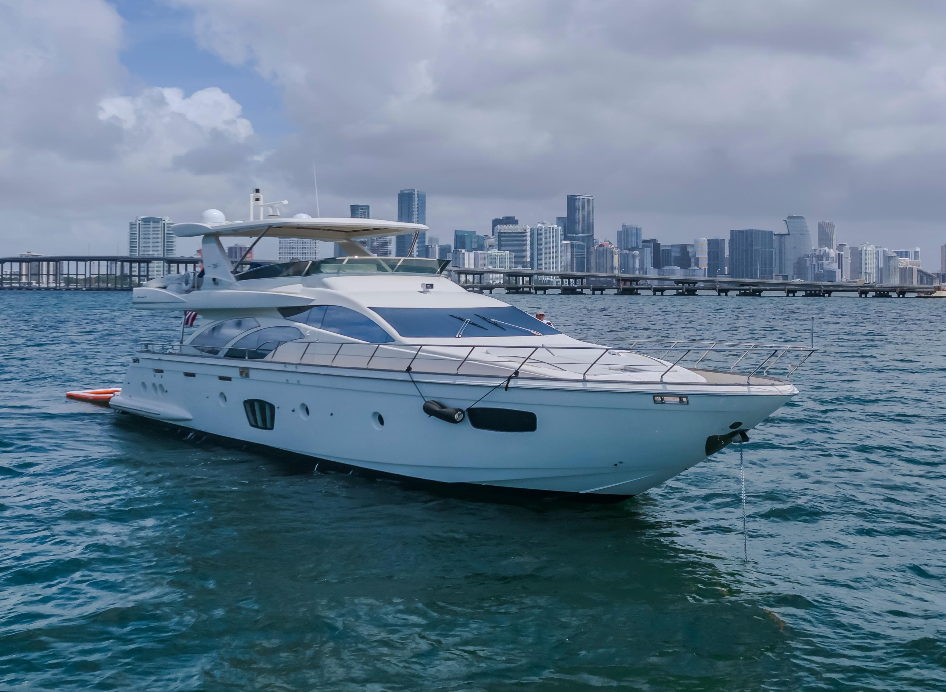 2008 Azimut Flybridge yacht on water with city skyline in background.
