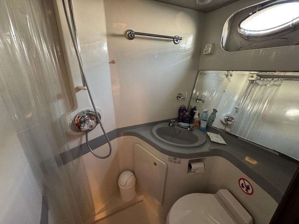 Bathroom in 1989 Birchwood 62 Cockpit Motor Yacht, featuring shower, sink, and toilet.