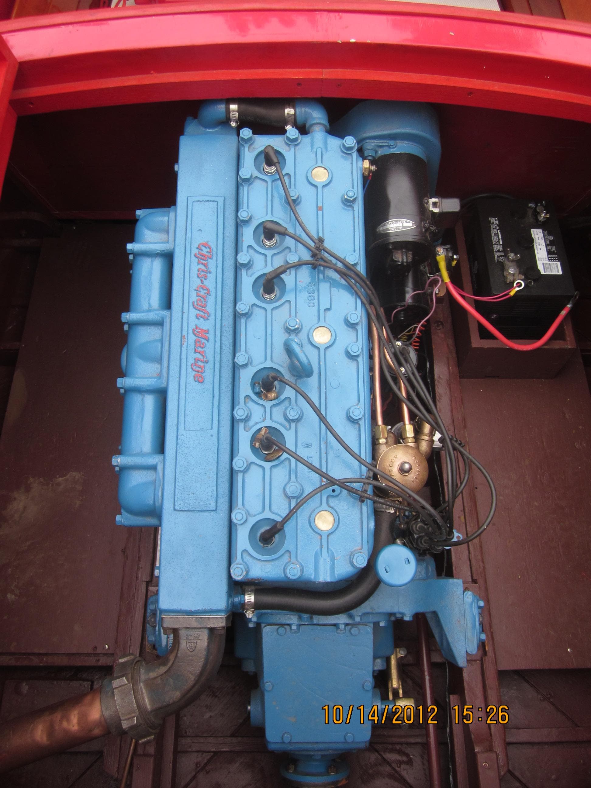 1948 Chris-Craft Racer engine, blue, detailed view with wiring and components.