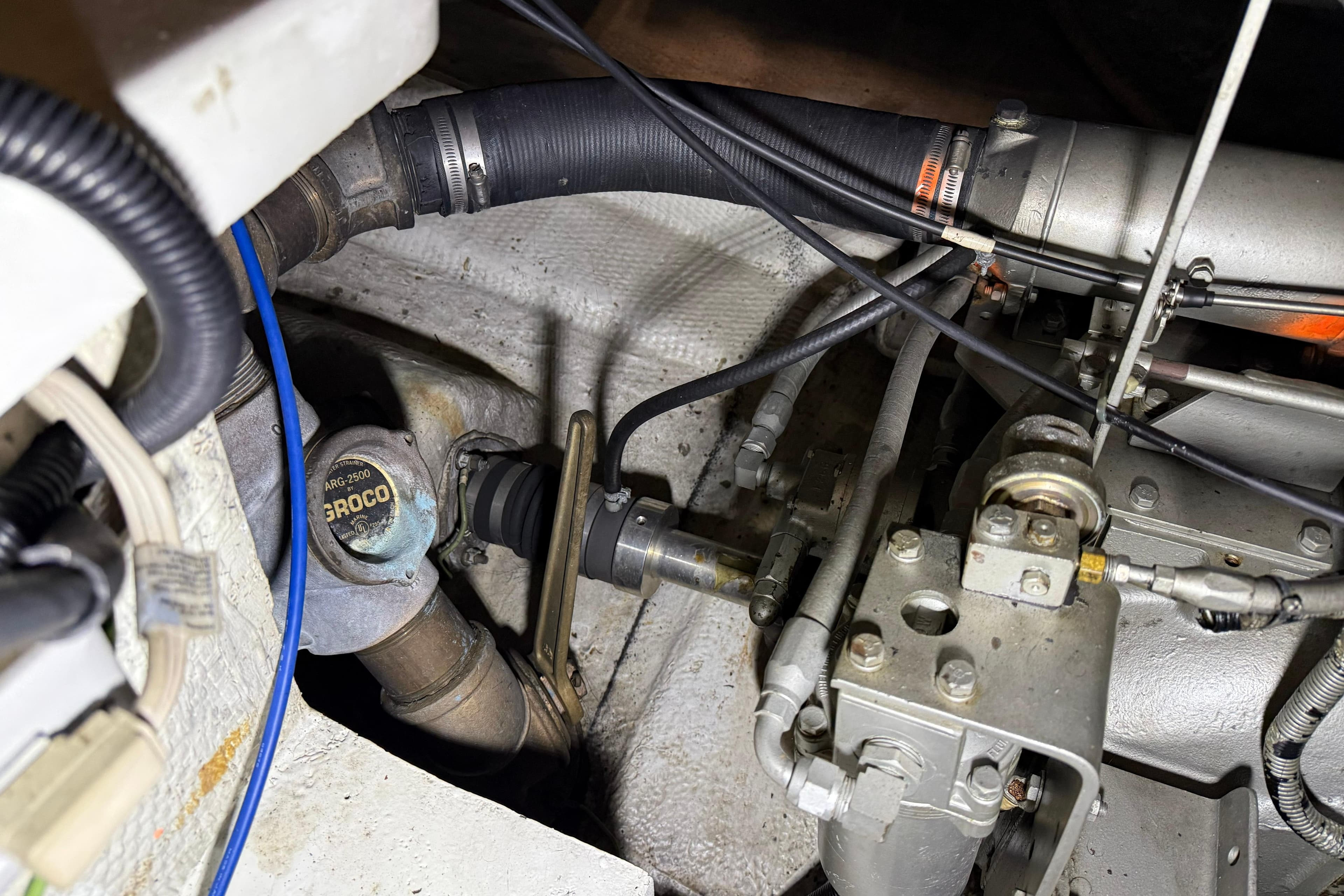 Engine compartment of 1988 Trojan 13 Meter Express 430 with visible mechanical components.