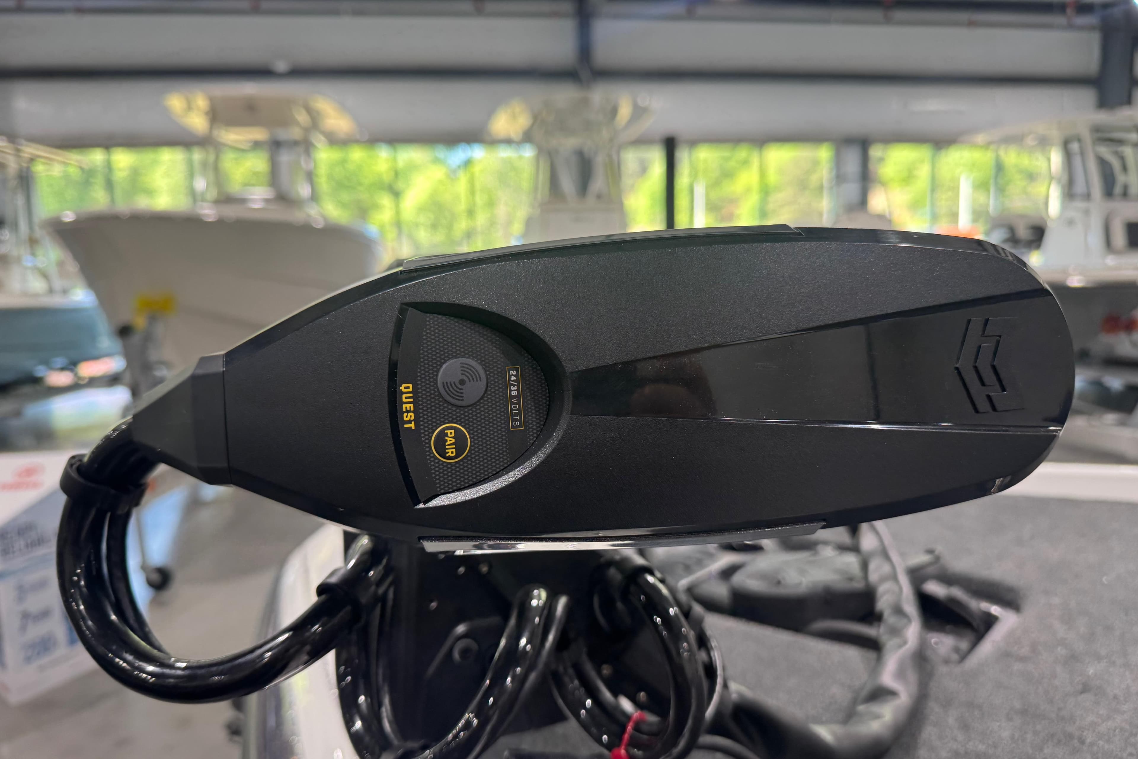 Close-up of 2026 Skeeter FXR20 FLEX boat component in a showroom.