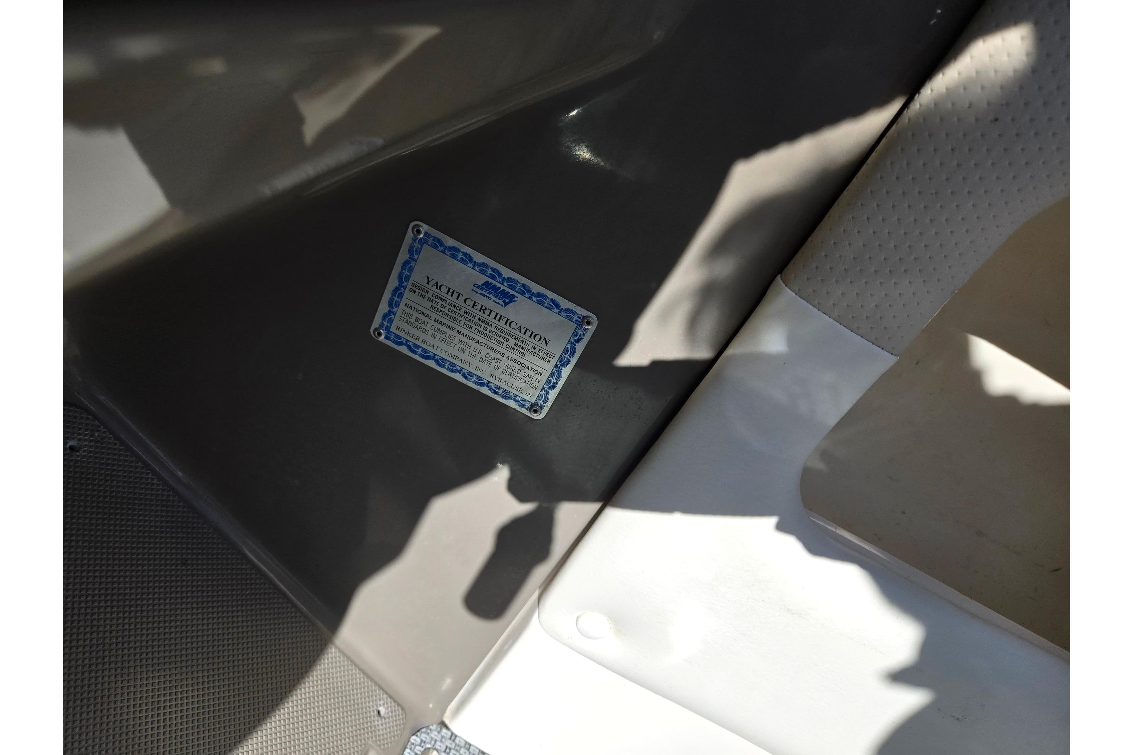2007 Rinker 246 Captiva Cuddy yacht certification label on interior surface.