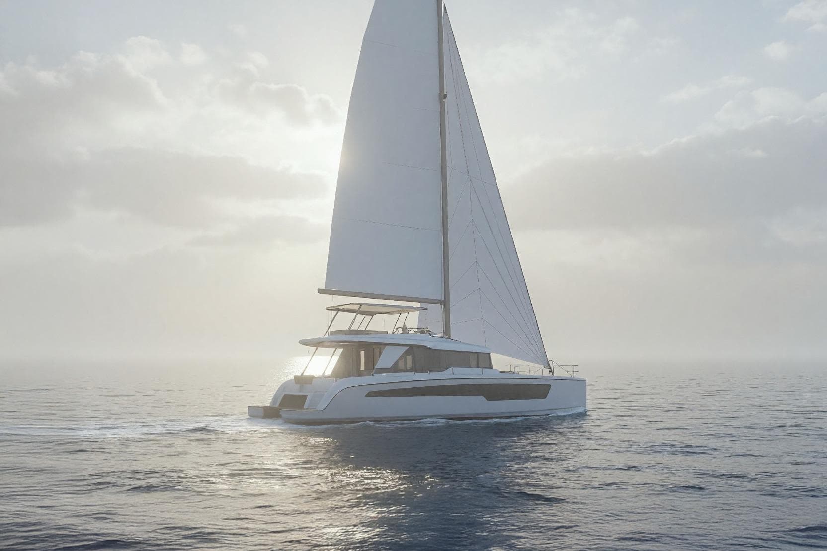2025 Mazarin 55 Evo II catamaran sailing on calm ocean waters at sunrise.