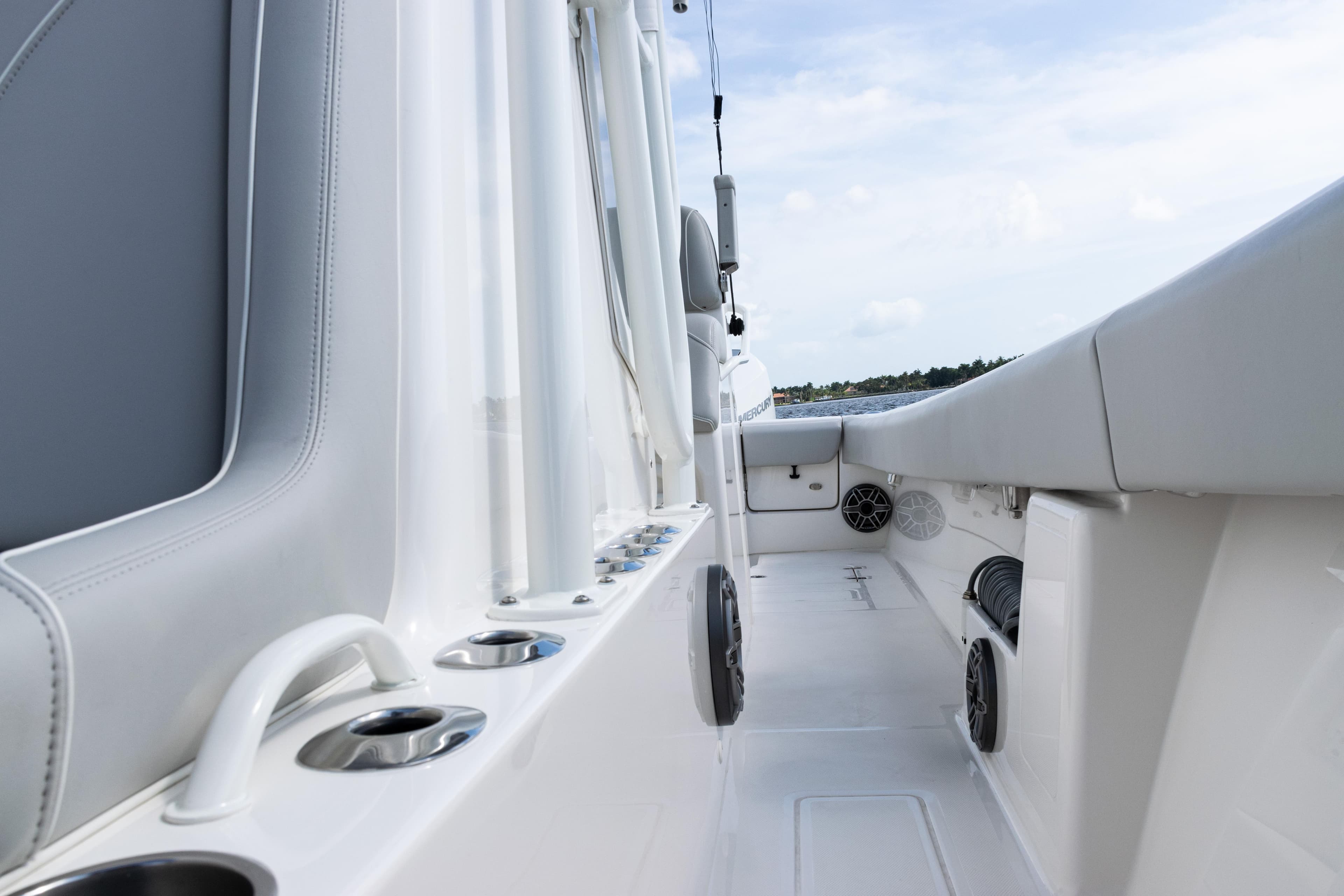 2024 SeaVee 290B boat interior with sleek white design and modern features.