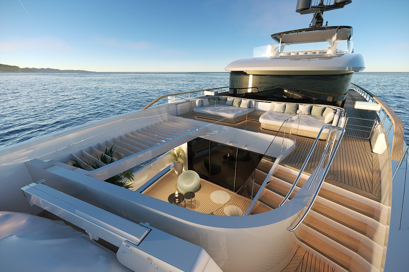 Luxurious Sirena 42 yacht, 2026 model, featuring elegant deck and seating area at sea.