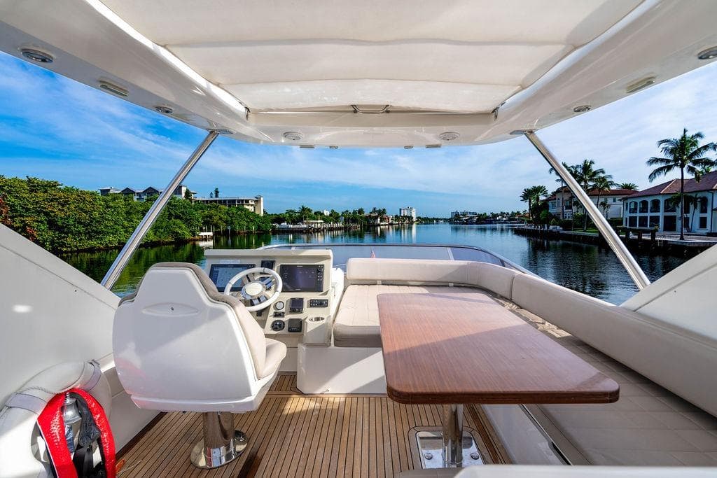 2015 Azimut Fly 50 yacht interior with scenic waterfront view.